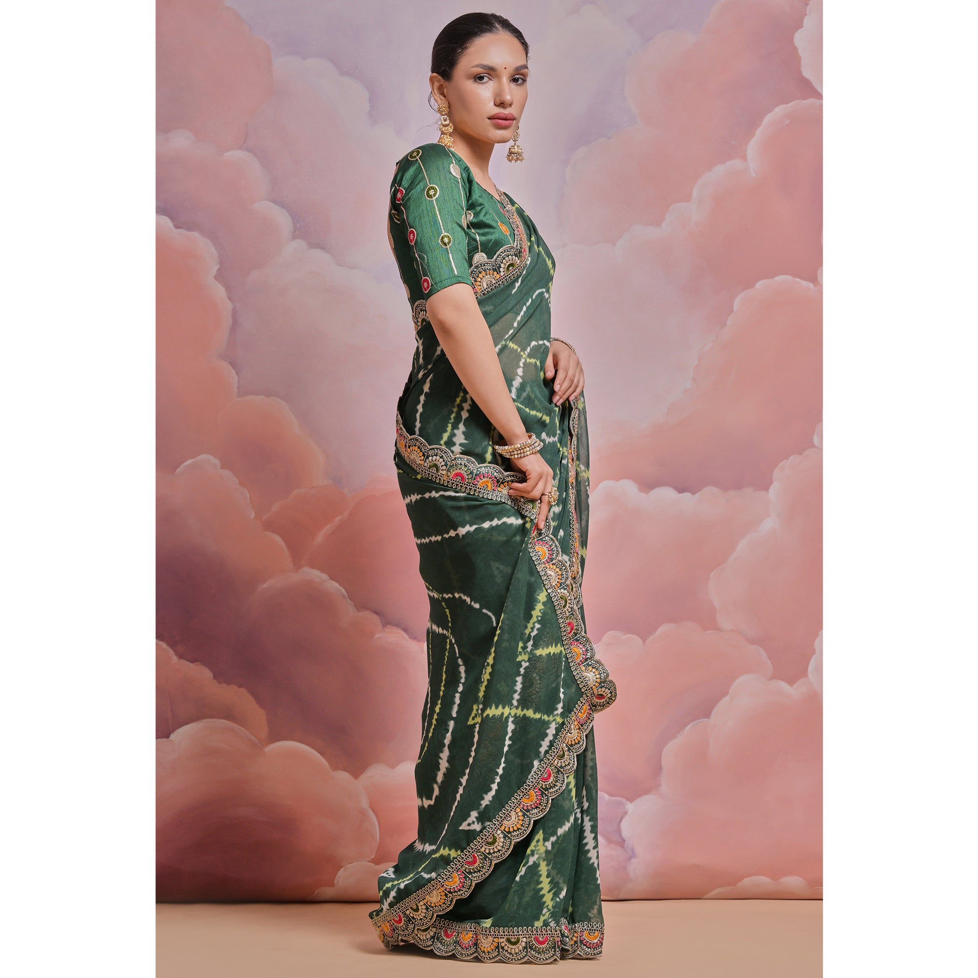 Green  Printed With Embroidered Border Georgette Saree