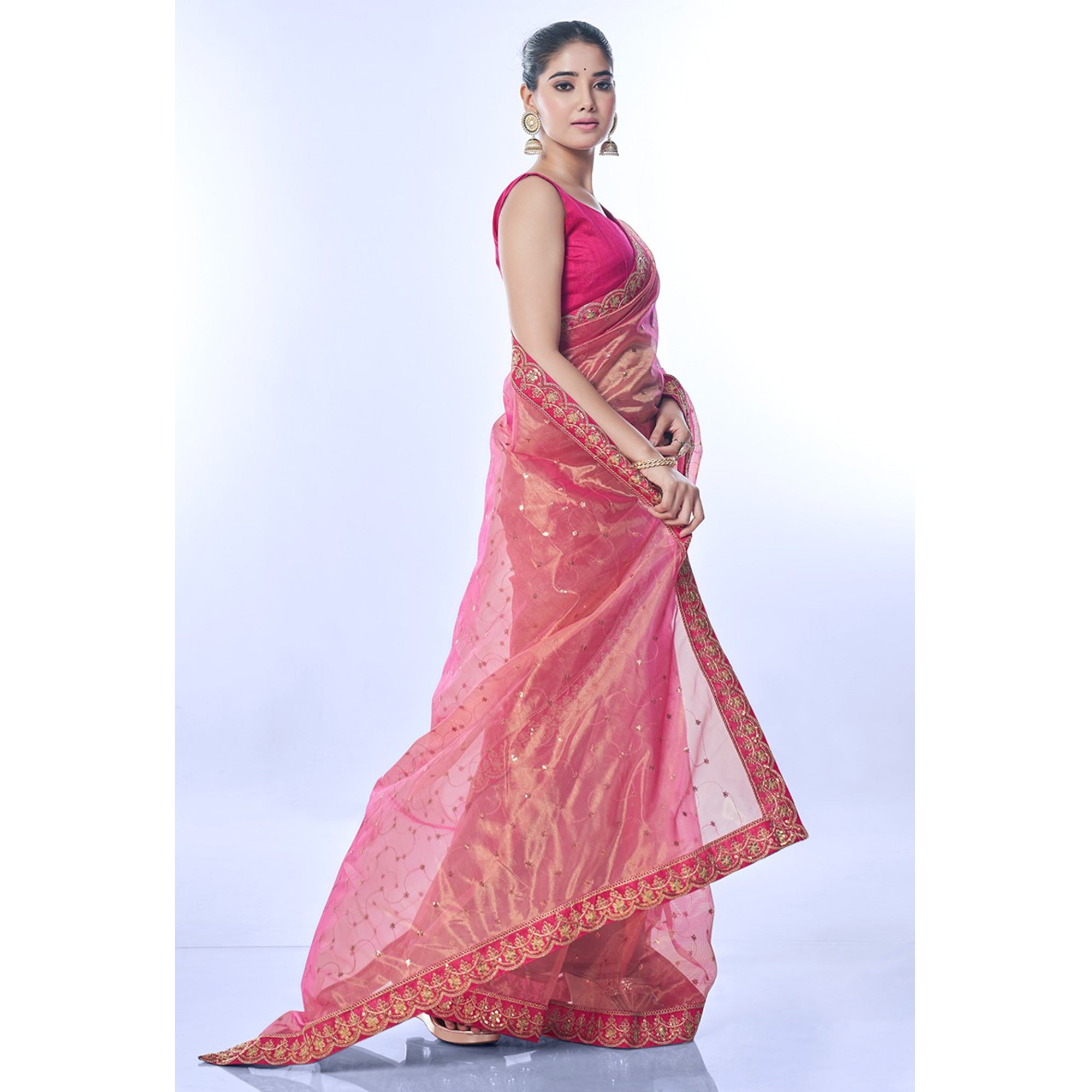 Pink Sequins Embroidered Net Saree