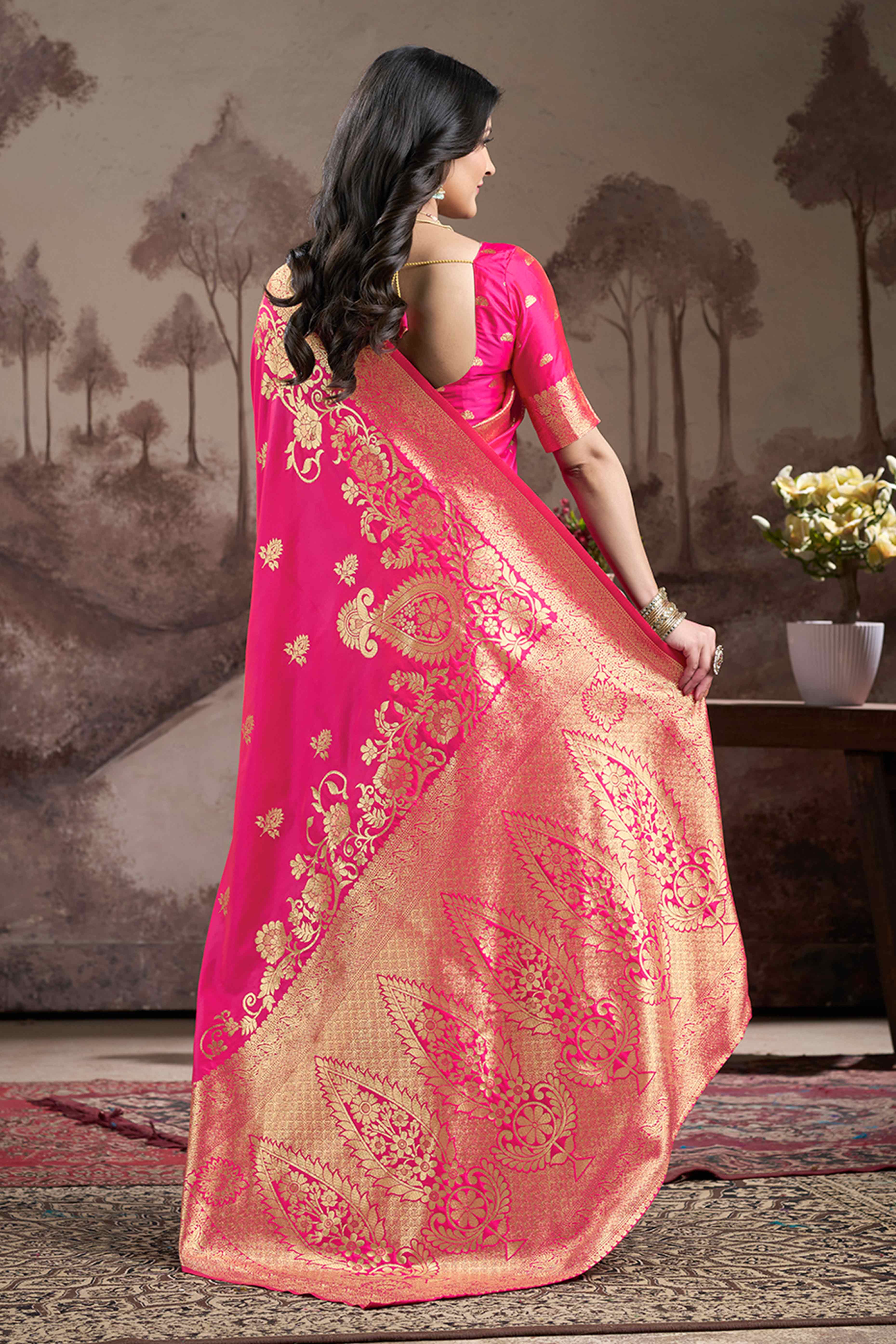 Pink Floral Woven Jacquard Silk Saree