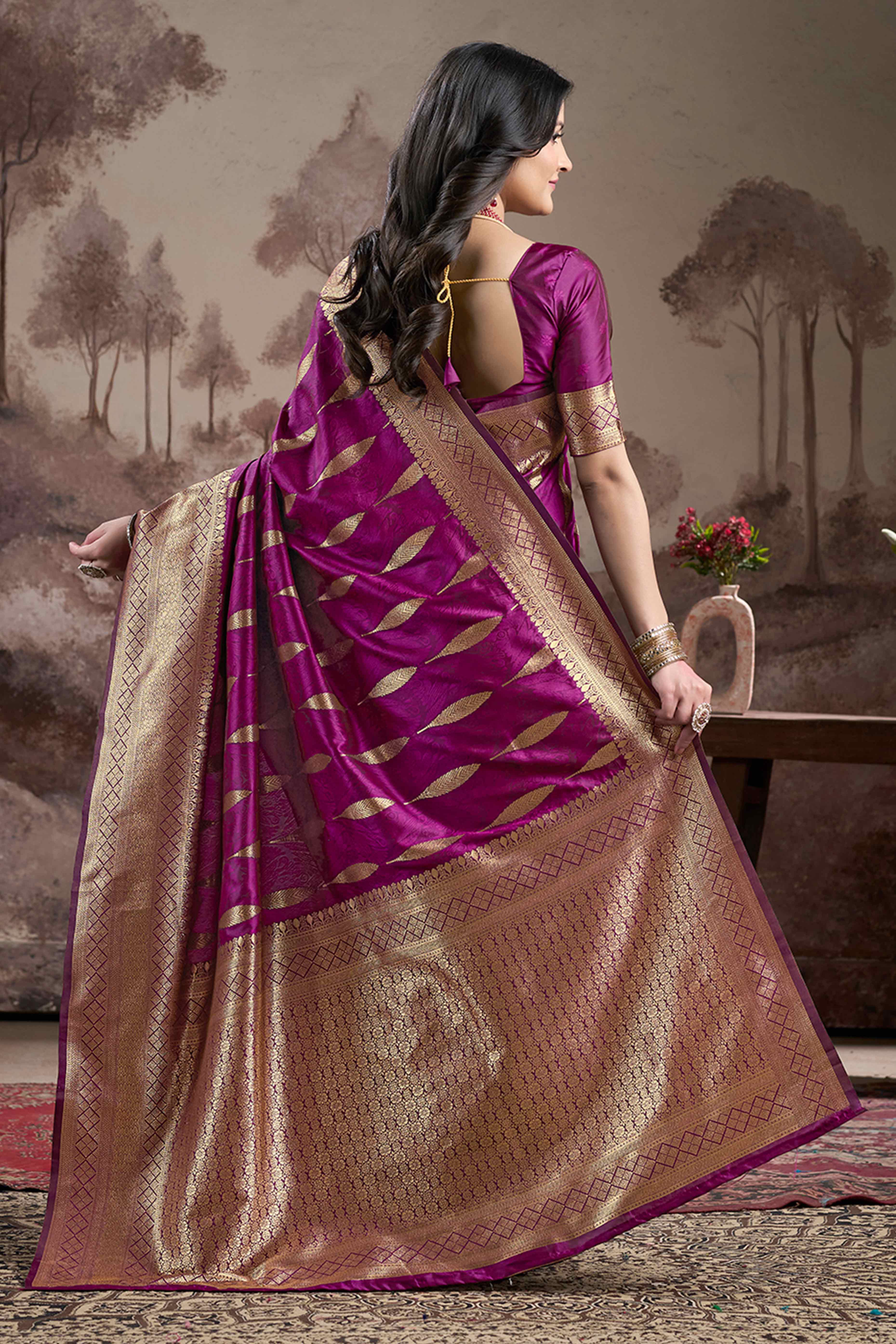 Purple Floral Woven Jacquard Silk Saree