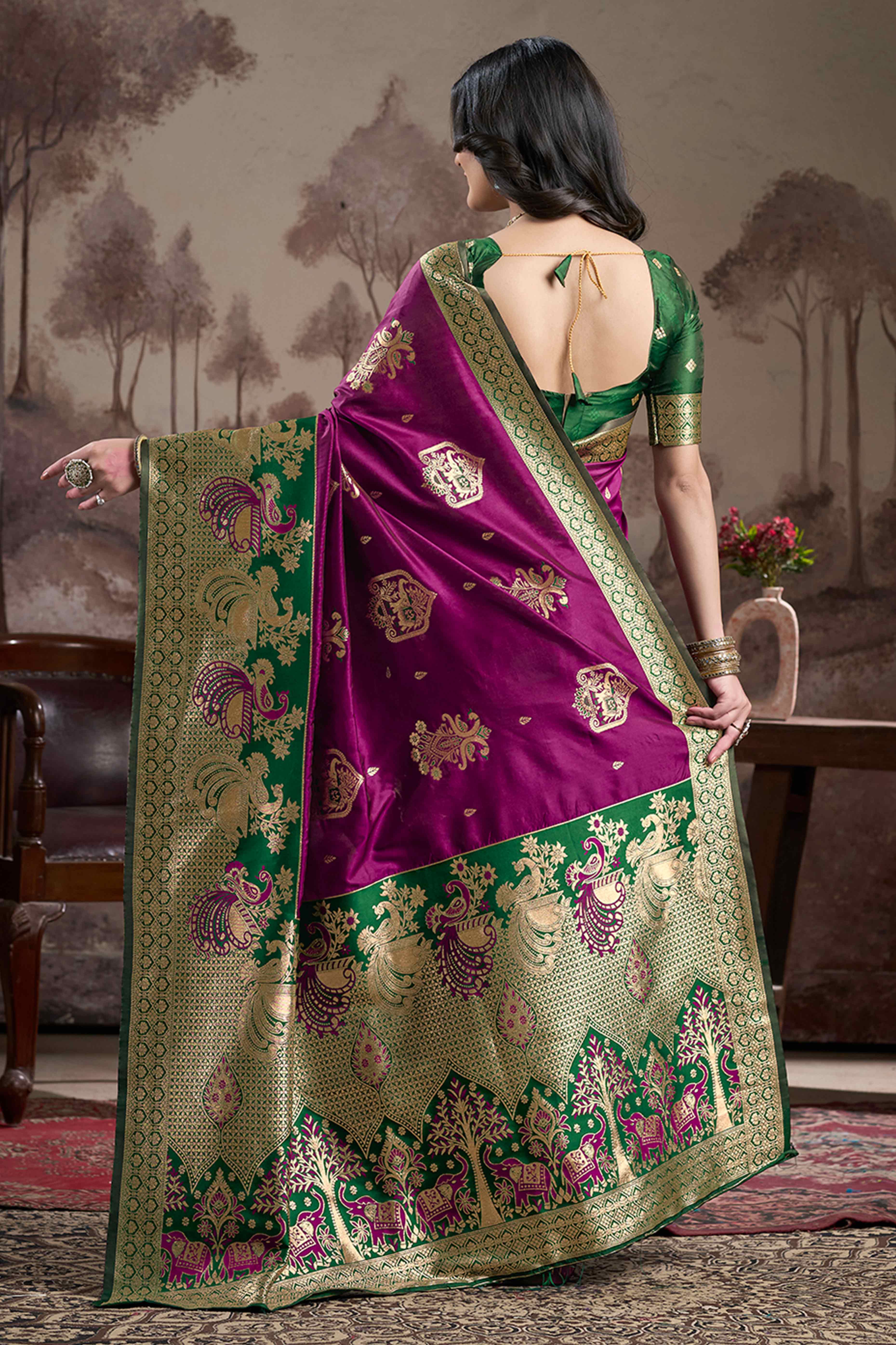 Purple Floral Woven Jacquard Silk Saree