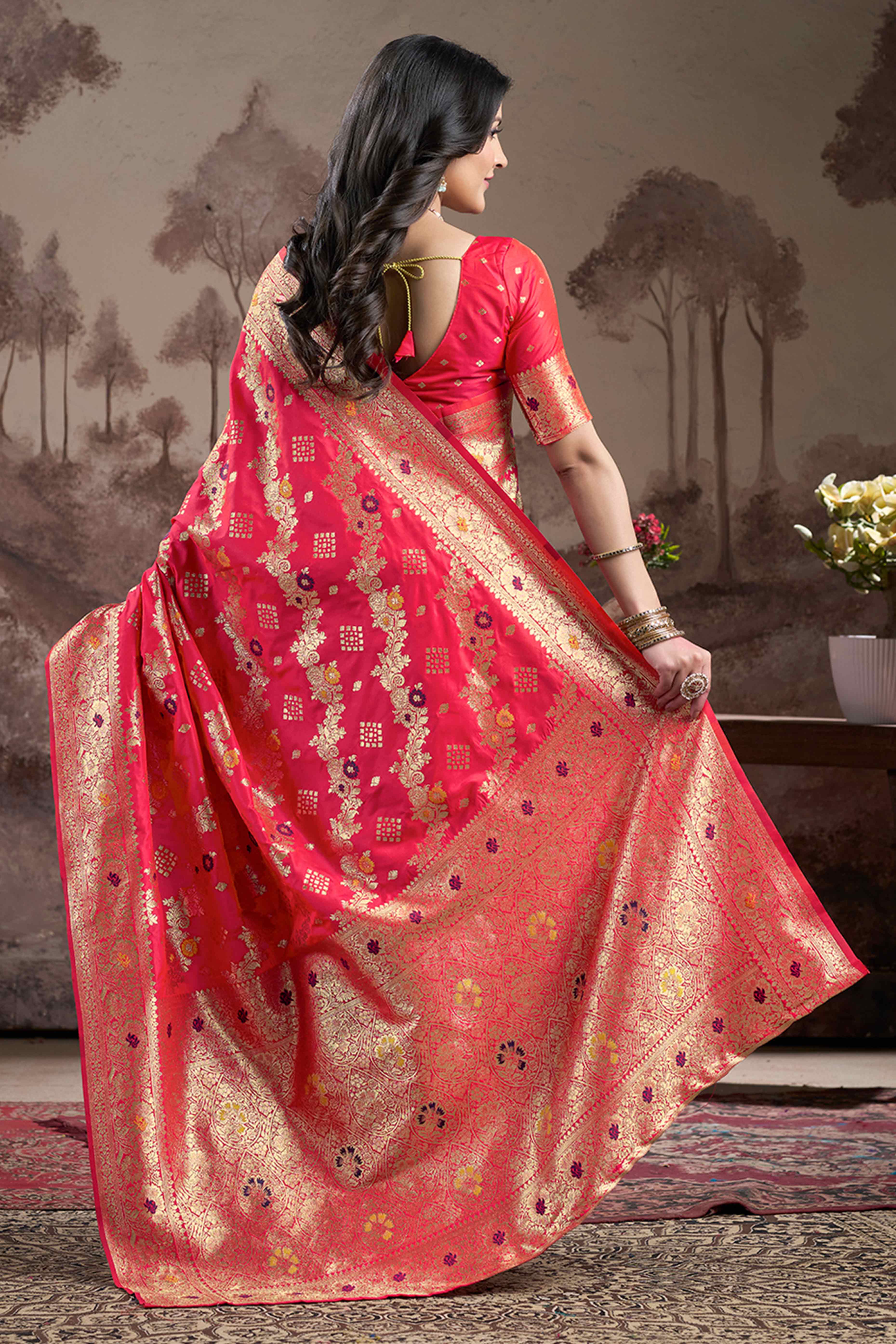 Pink Floral Woven Jacquard Silk Saree