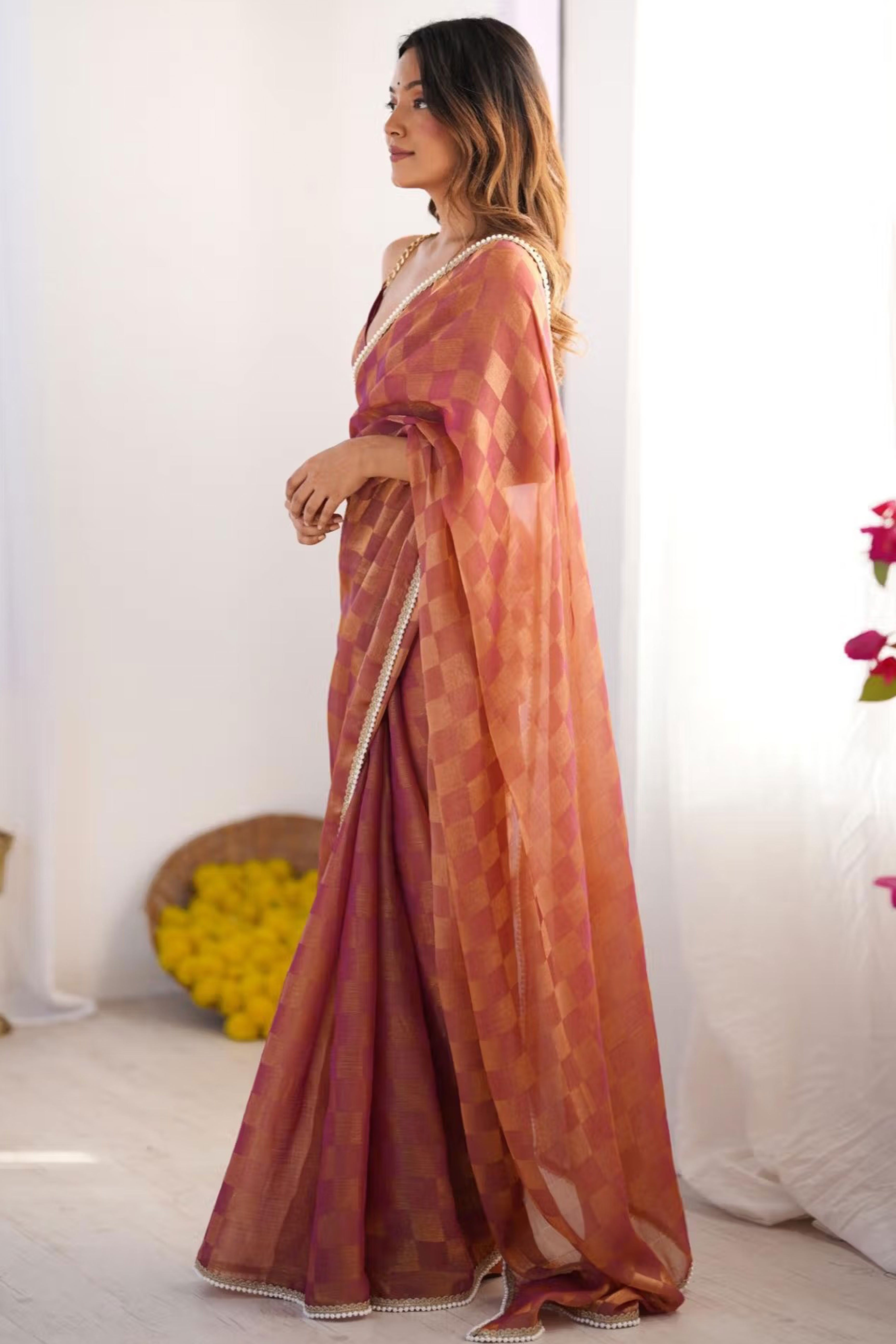 Orange Checks Weaving Chiffon Saree With Refined Moti Lace Border