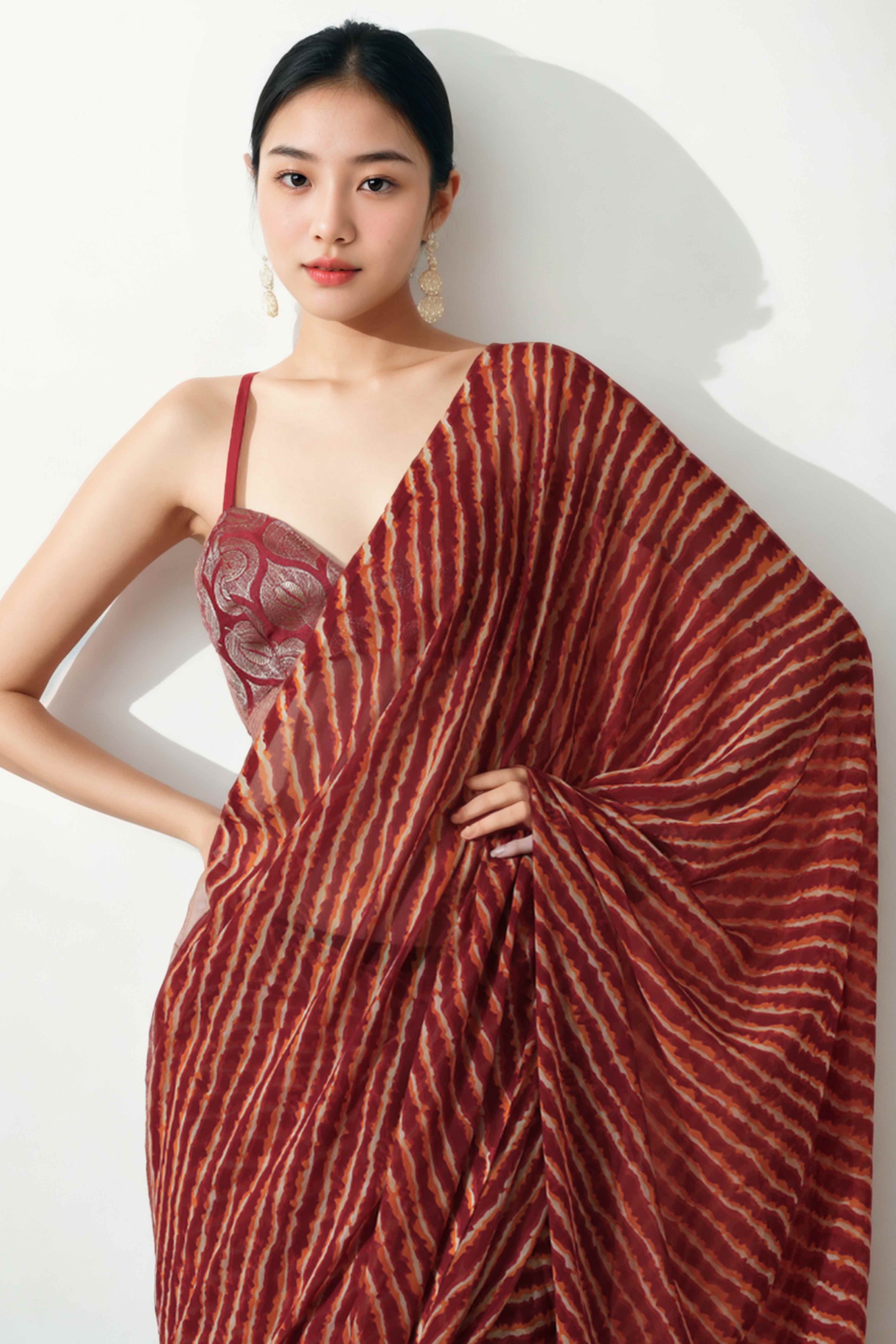 Maroon Leheriya Printed With Marbel Chiffon Ready To Wear Saree