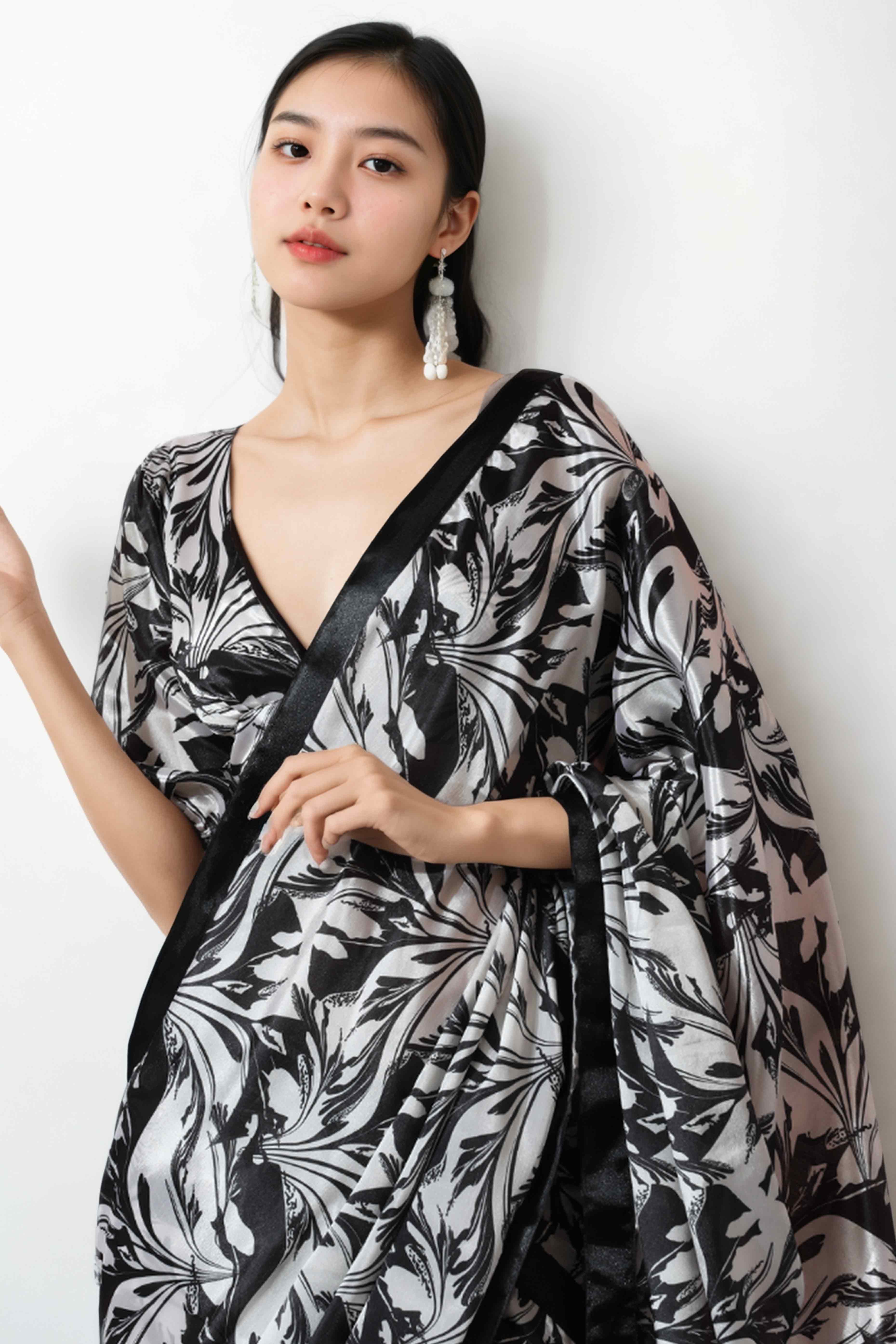 Black & White Floral Digital Printed With Lace Border Pallu Chinon Ready To Wear Saree
