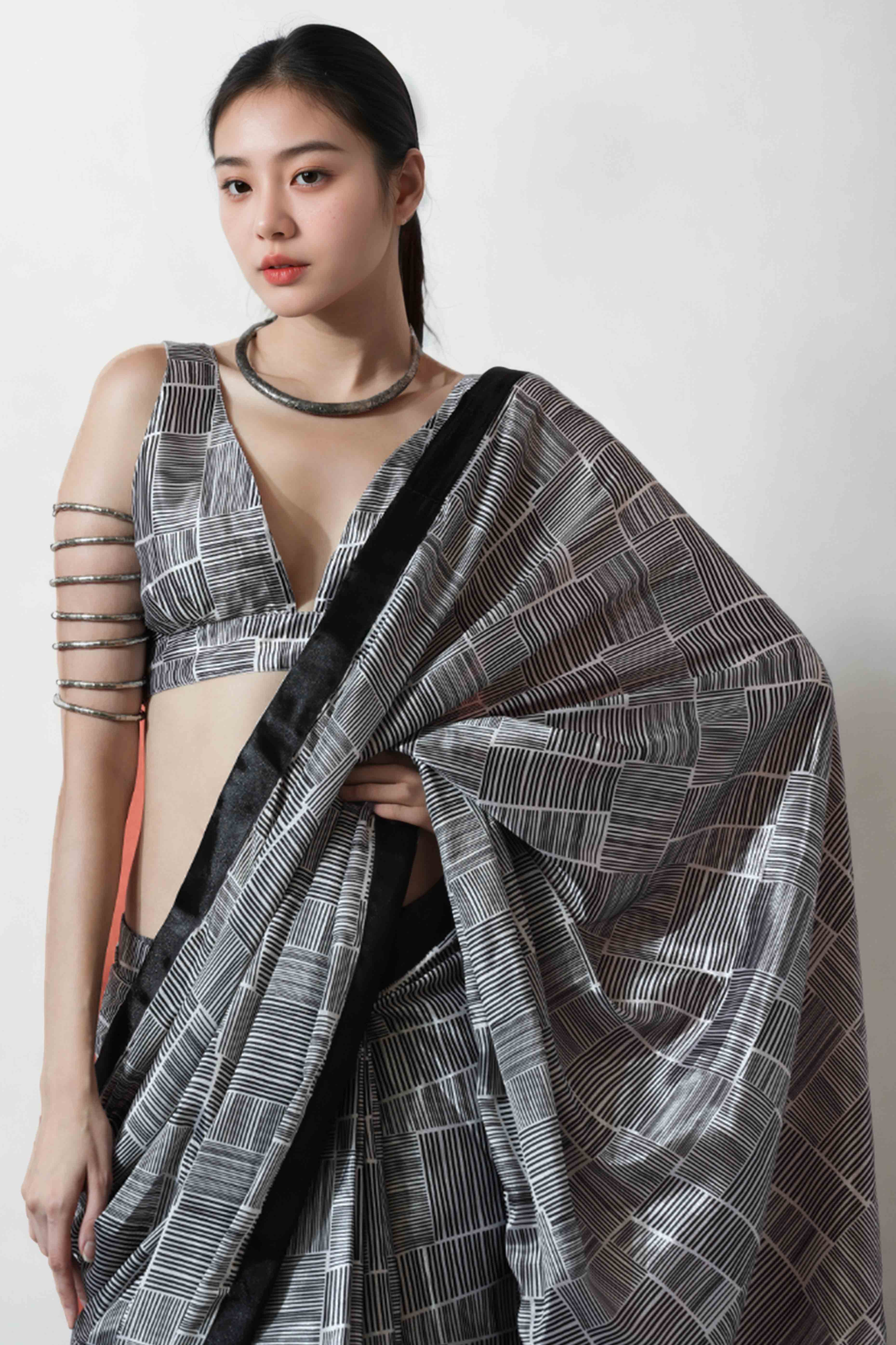 Black Digital Printed With Lace Border Pallu Chinon Ready To Wear Saree