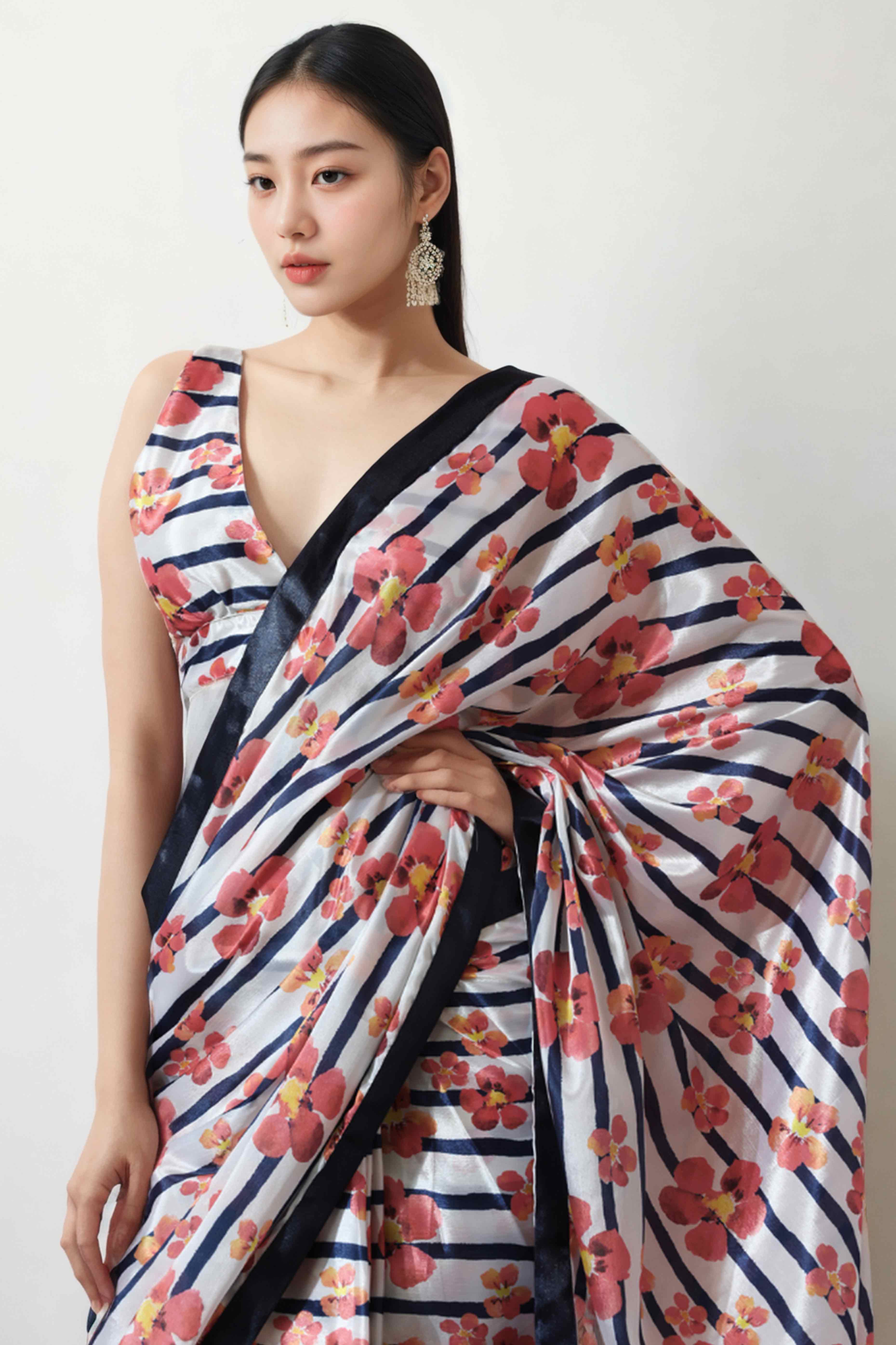 White & Blue Floral Digital Printed With Lace Border Pallu Chinon Ready To Wear Saree