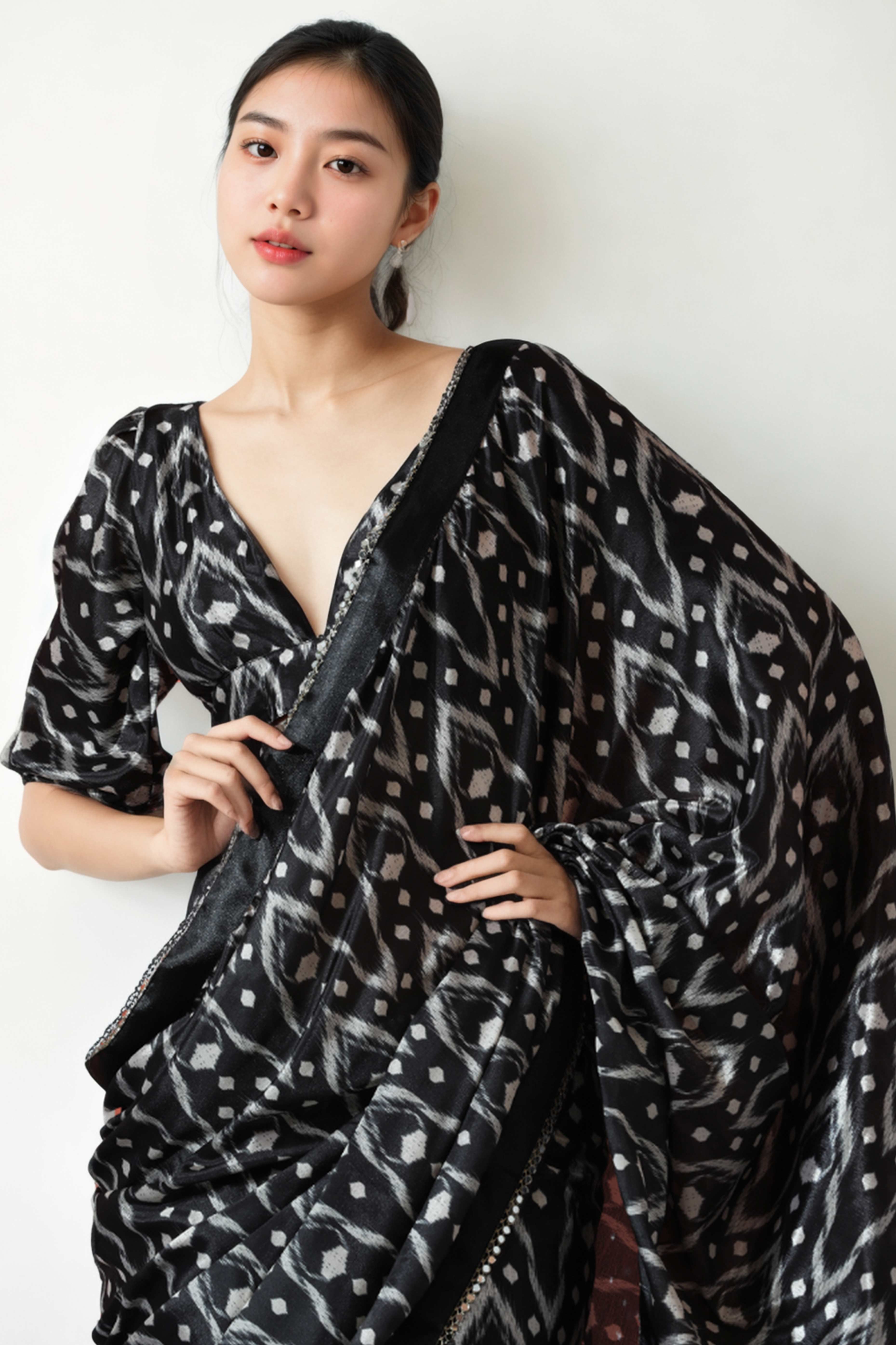 Black Digital Printed With Intricate Lace Border Pallu Chinon Ready To Wear Saree