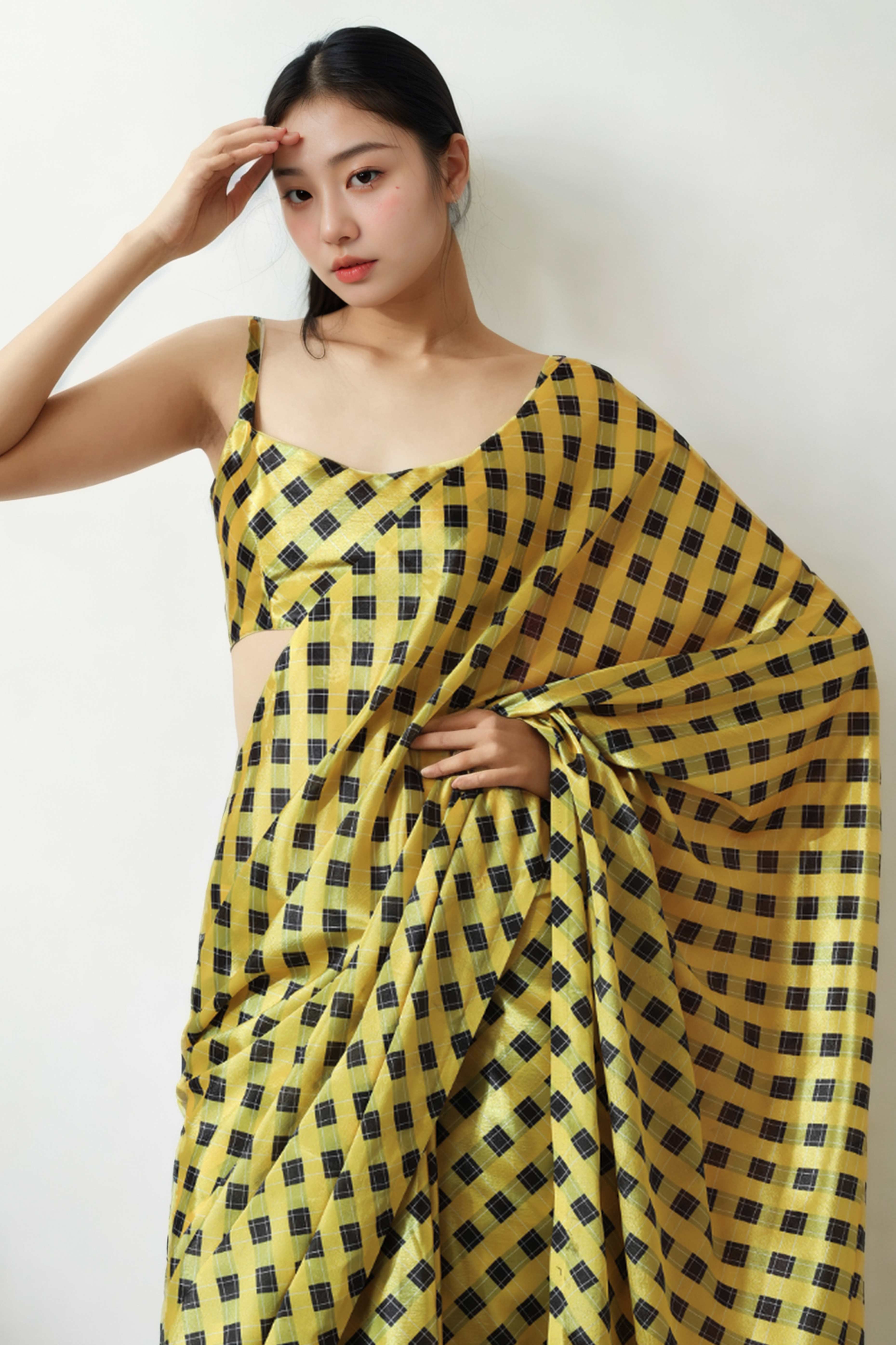 Yellow Checks Digital Printed With Intricate Lace Border Pallu Chinon Ready To Wear Saree