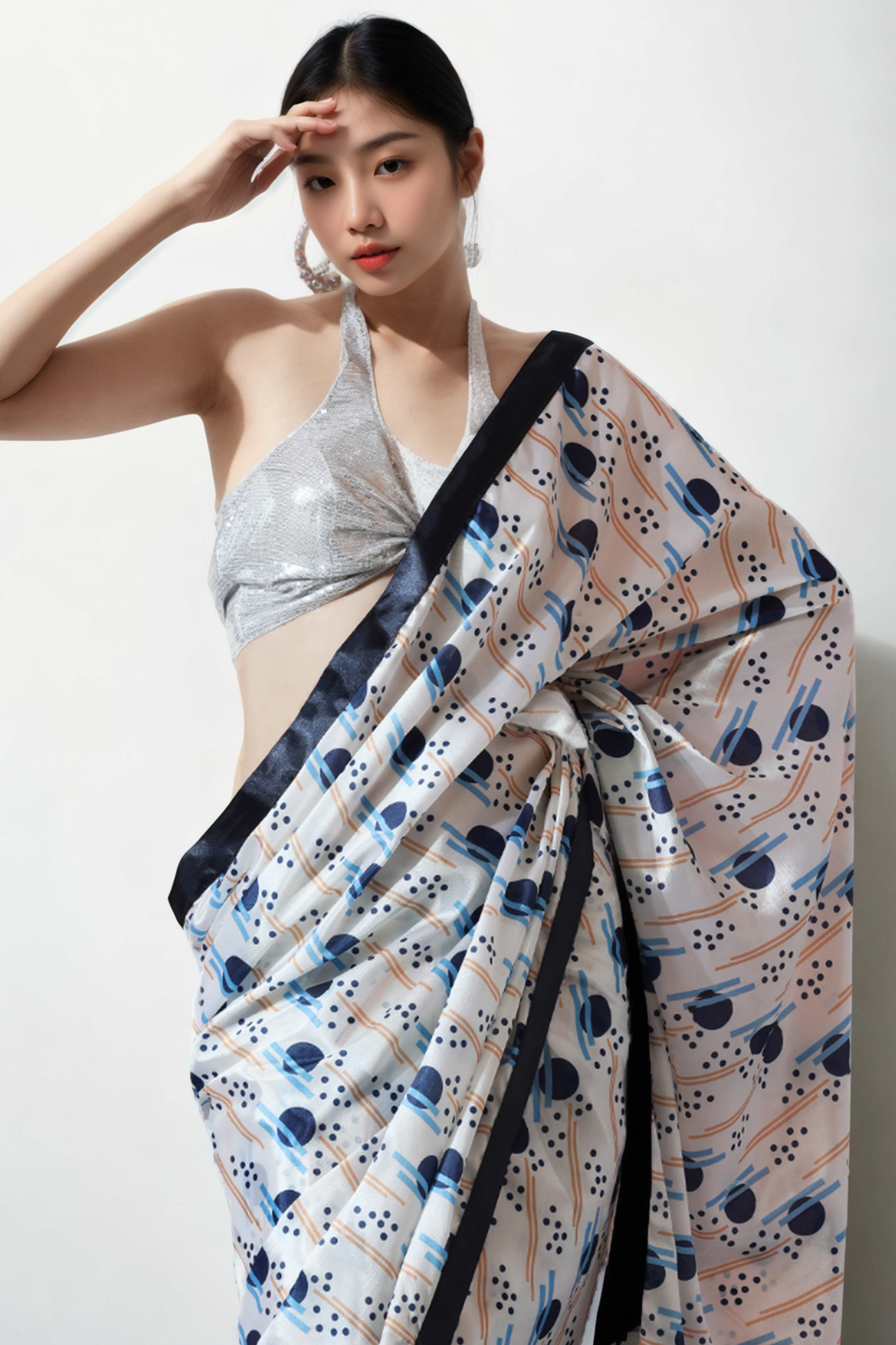 White Geometric Digital Printed With Intricate Lace Border Pallu Chinon Ready To Wear Saree