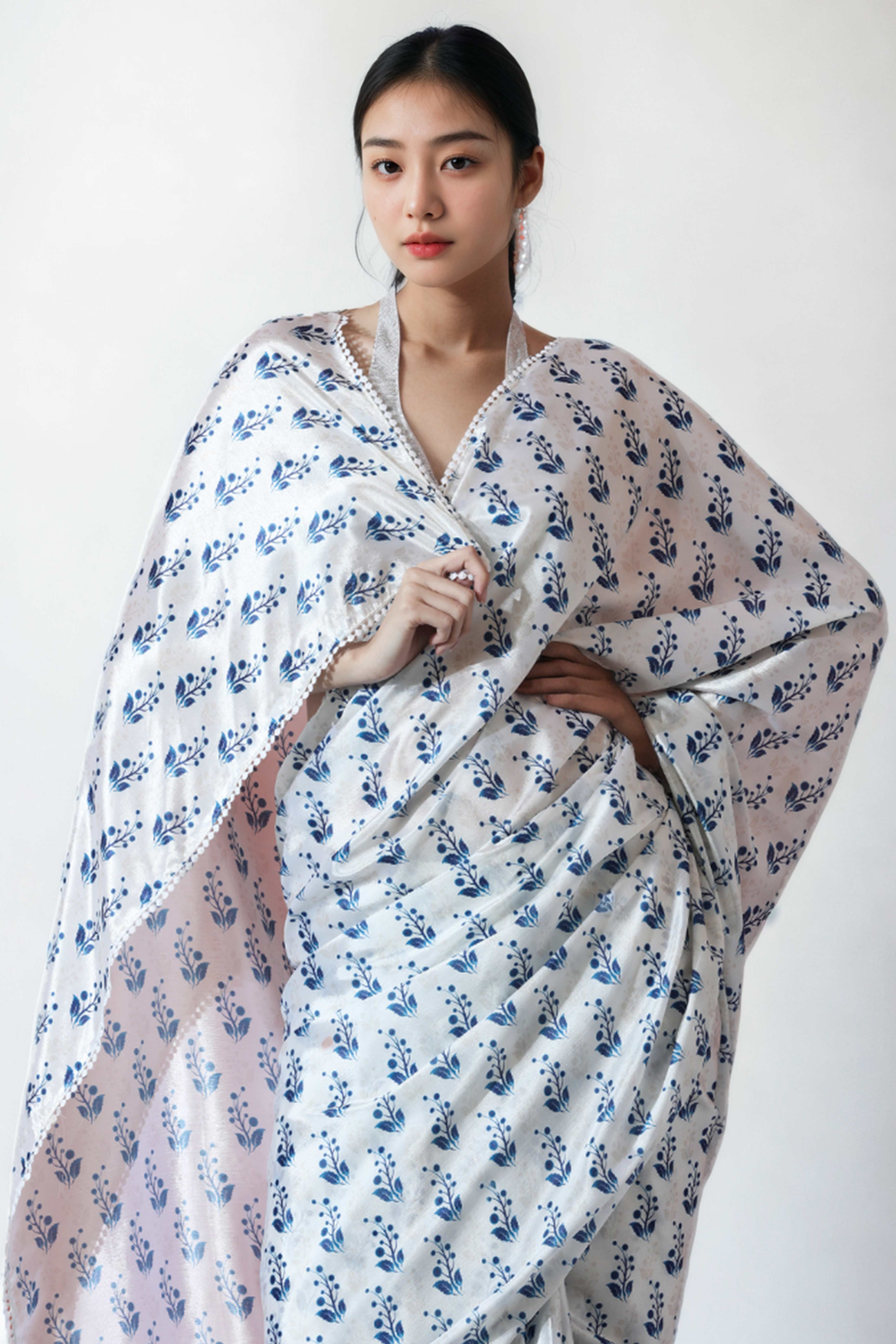 White & Blue Floral Digital Printed With Delicate Lace Border Pallu Chinon Ready To Wear Saree