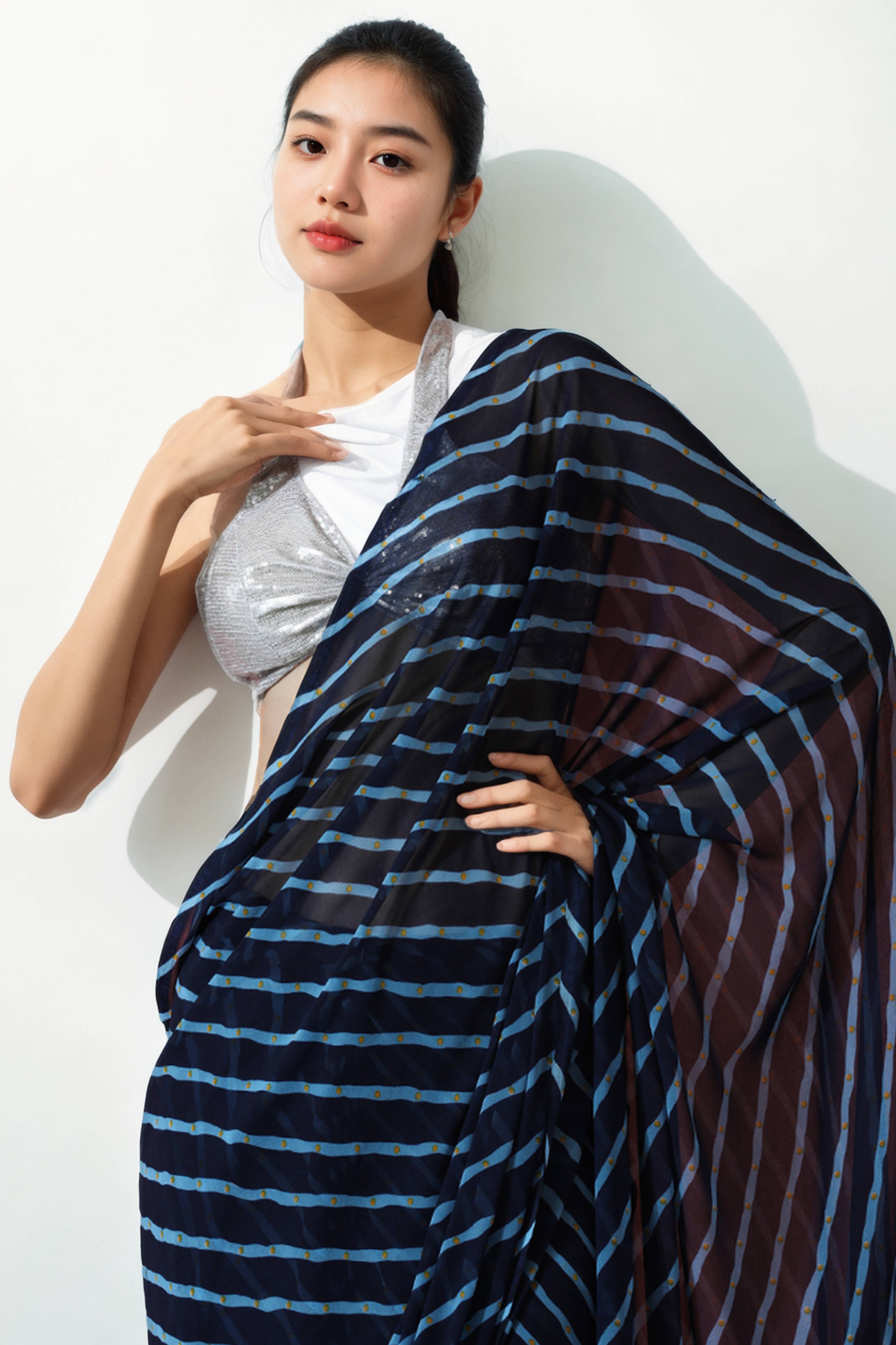 Navy Blue Striped Printed Marbel Chiffon Ready To Wear Saree