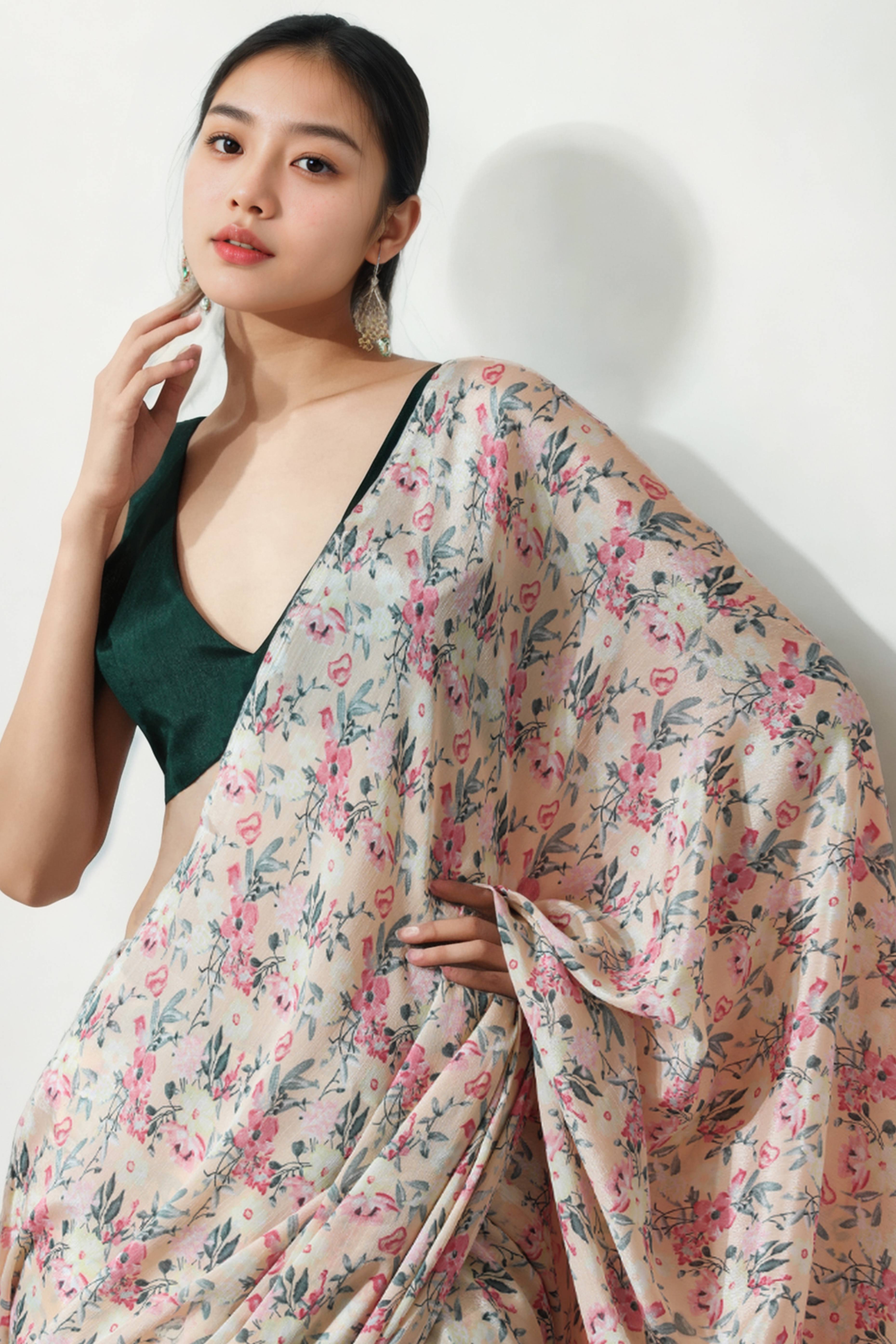 Cream Floral Digital Printed Chinon Ready To Wear Saree