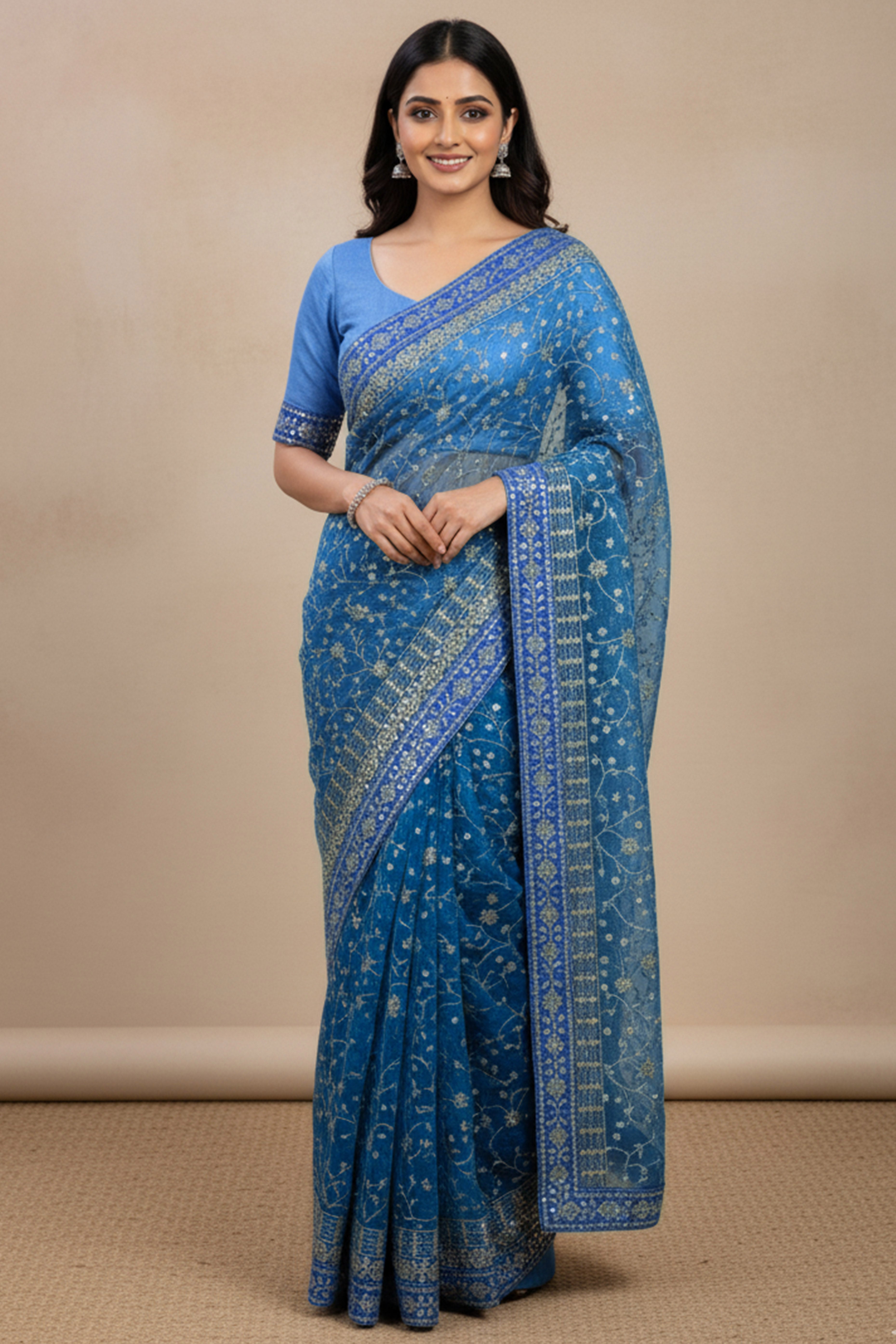 Beautiful Sky Blue Partywear Saree Crafted in Georgette with Sequins and Thread Work