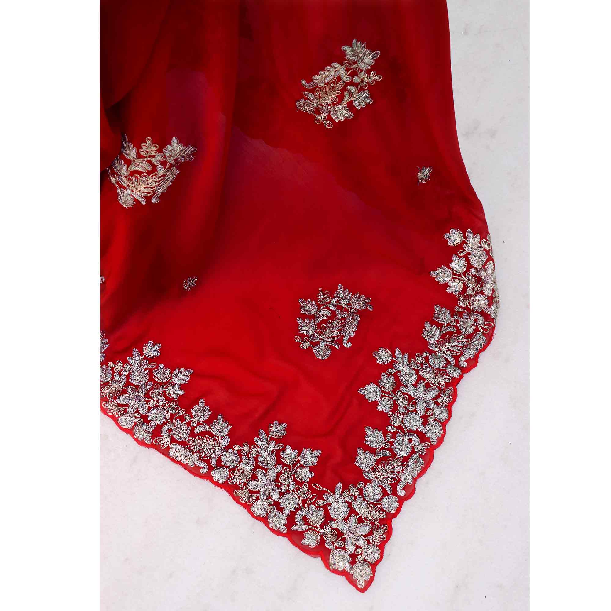 Red Silk Blend Saree Elegantly Embellished With Embroidery And Sparkling Sequins Work