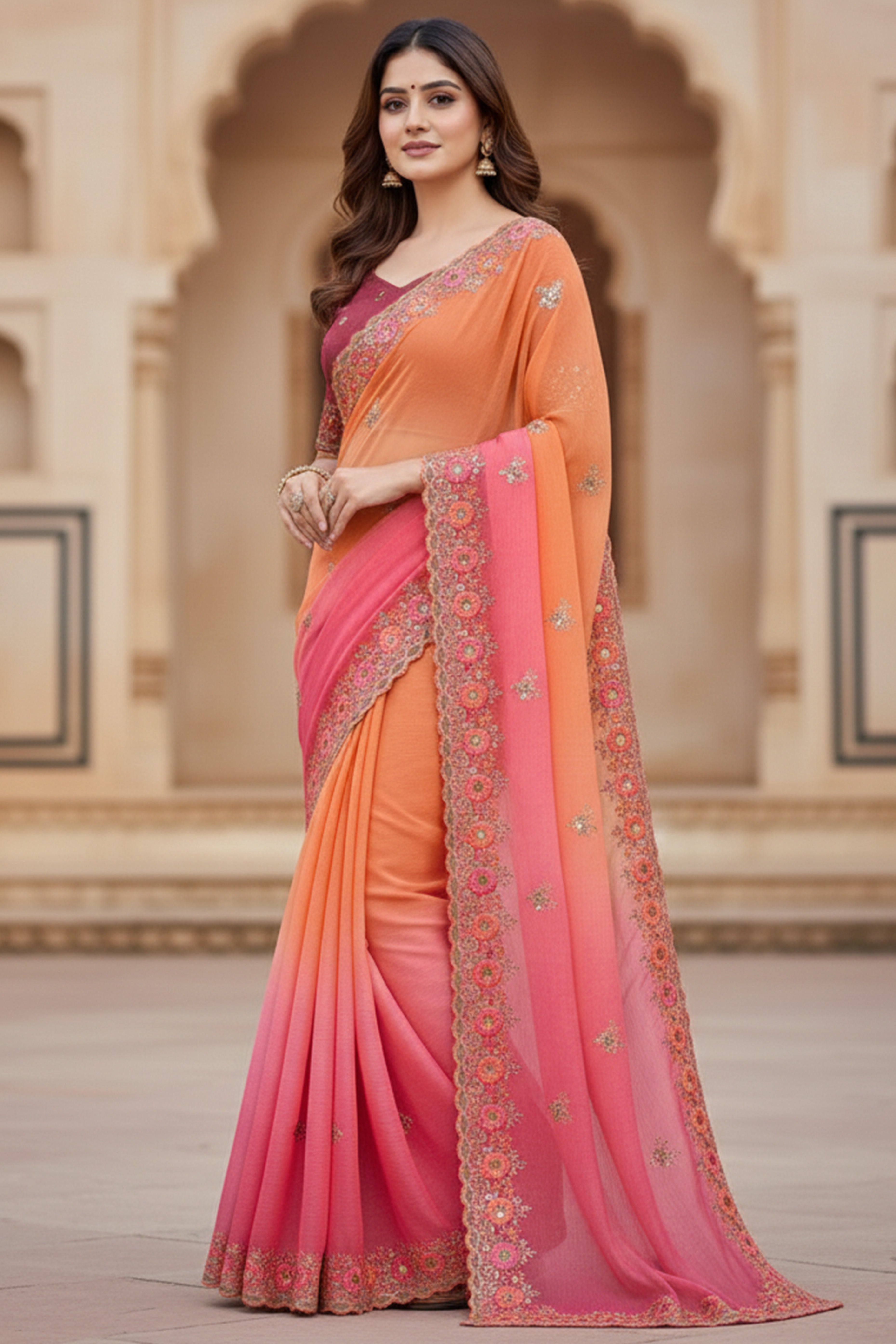 Radiant Orange Crunchy Ombre Saree Adorned with Floral Thread Embroidery & Sequins Work