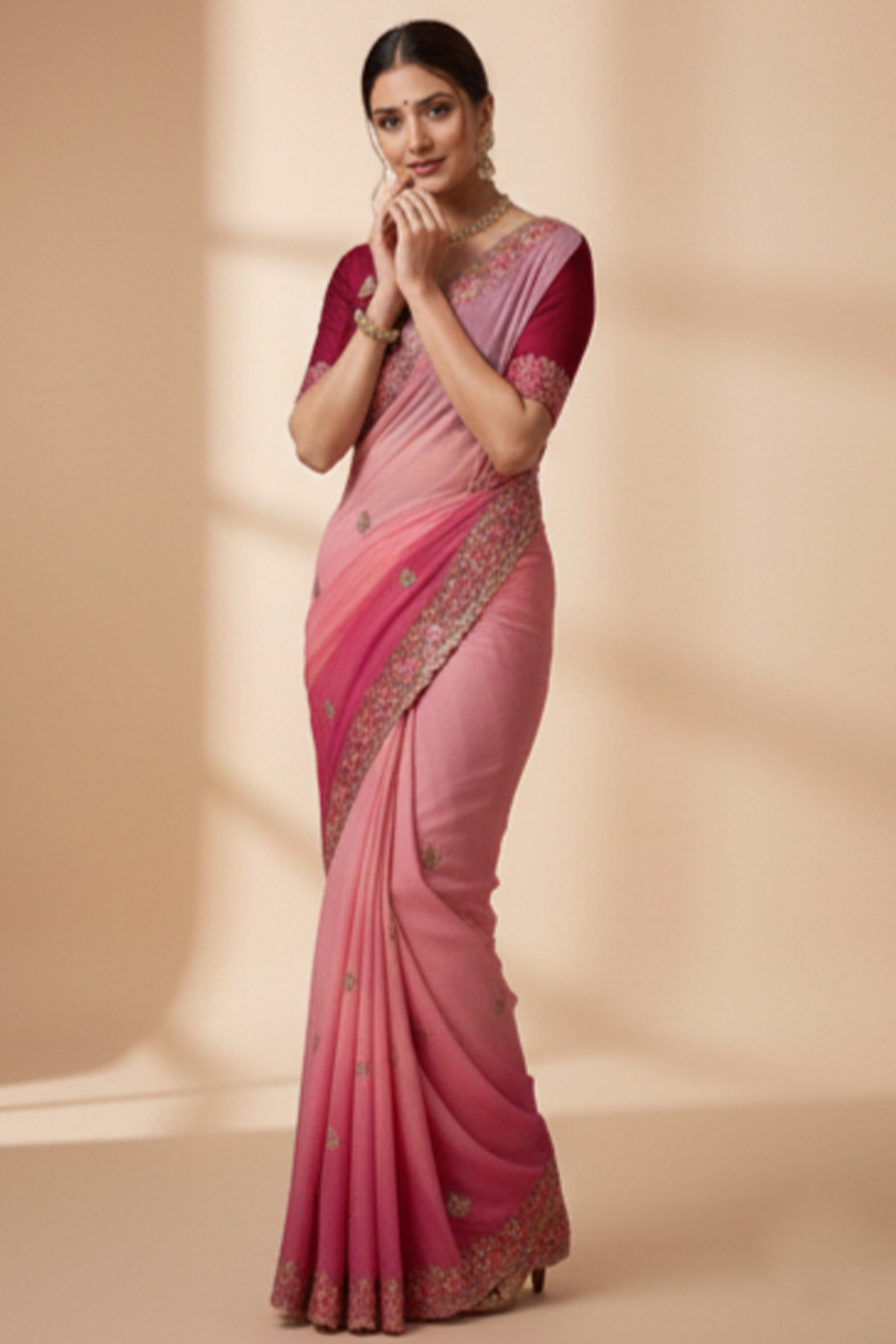 Radiant Pink Crunchy Ombre Saree Adorned with Floral Thread Embroidery & Sequins Work