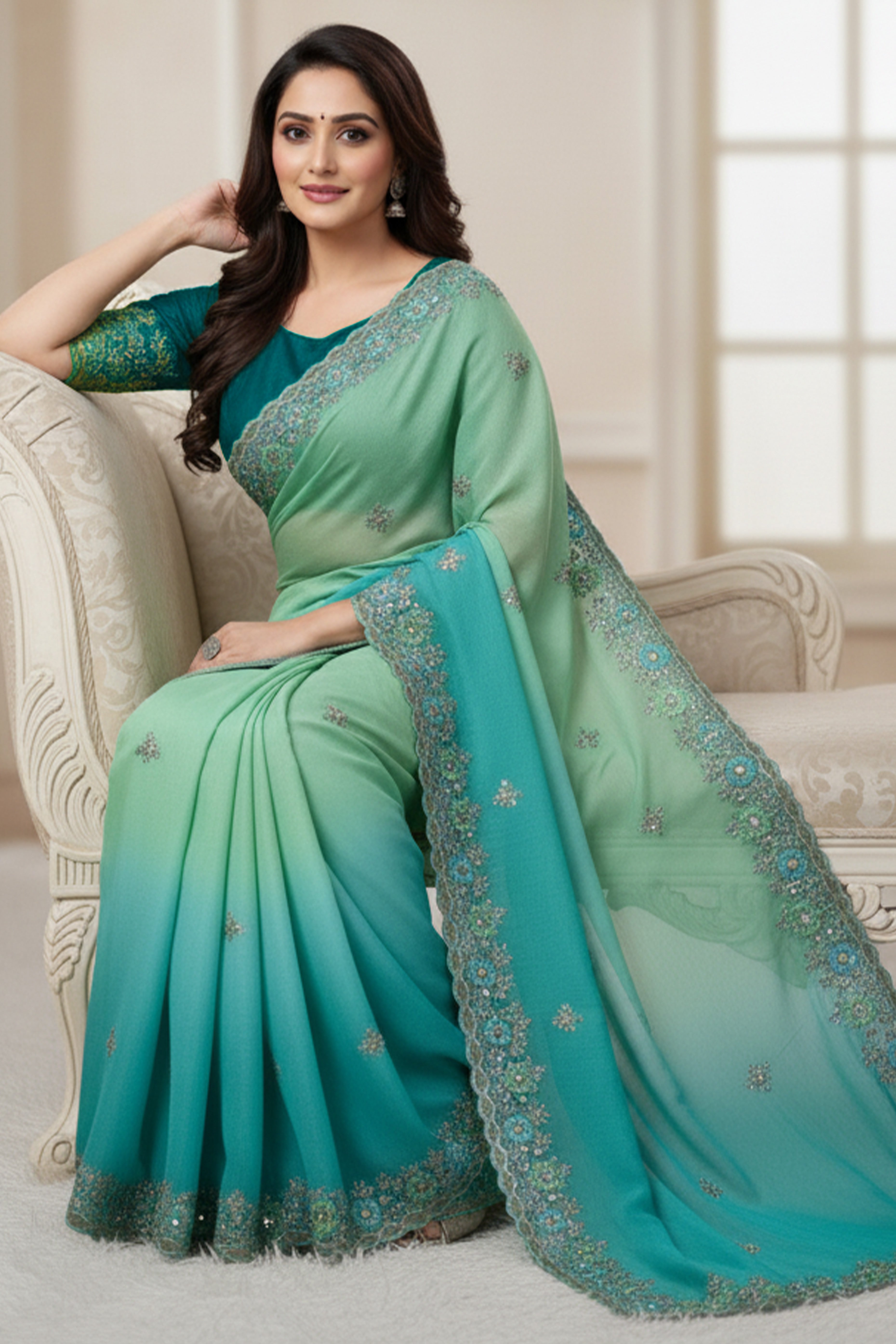 Radiant Teal Green Crunchy Ombre Saree Adorned with Floral Thread Embroidery & Sequins Work