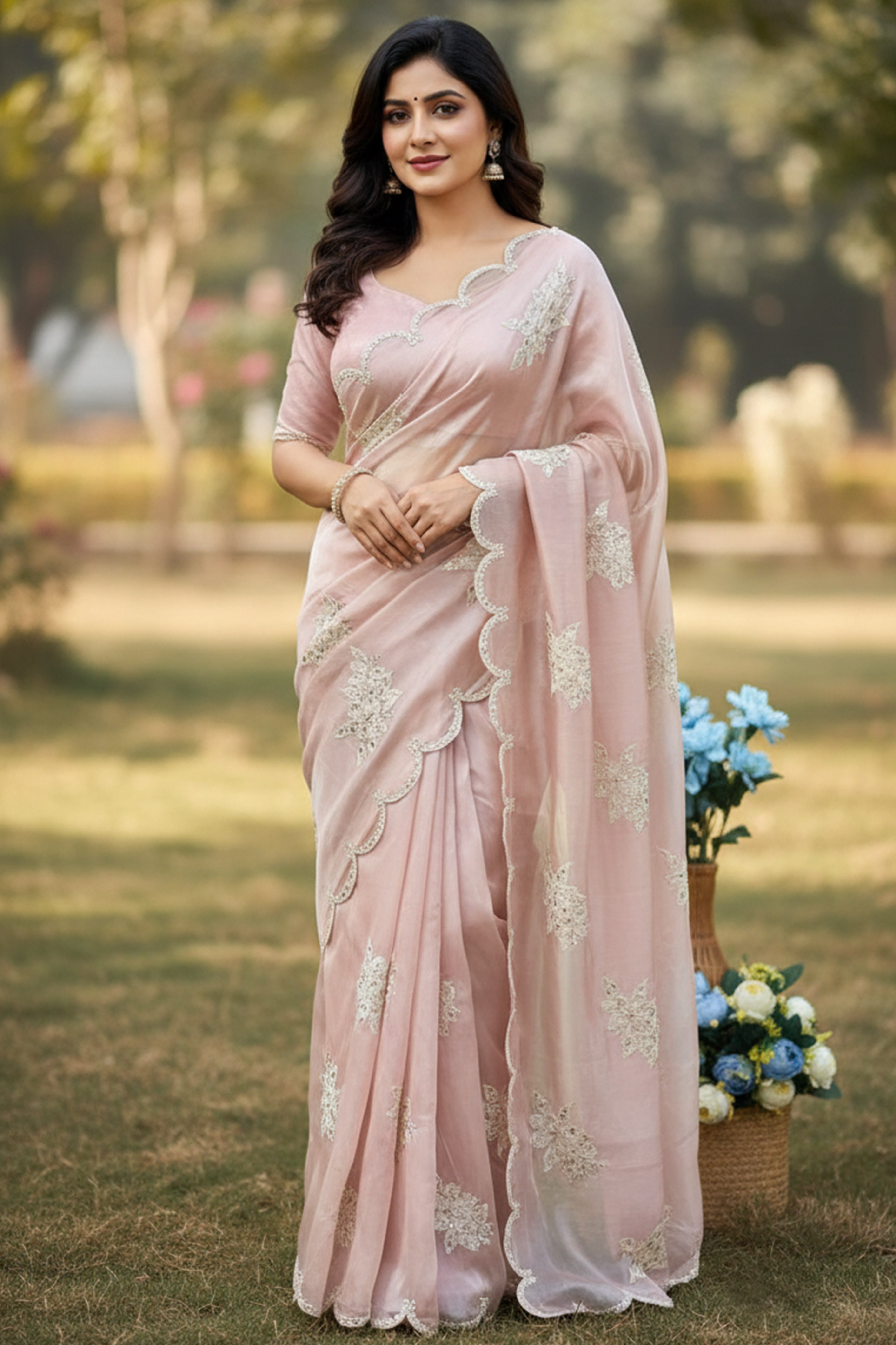 Captivating Pink Floral Thread Embroidered Jimmy Choo Satin Saree With Gleaming Sequins Work