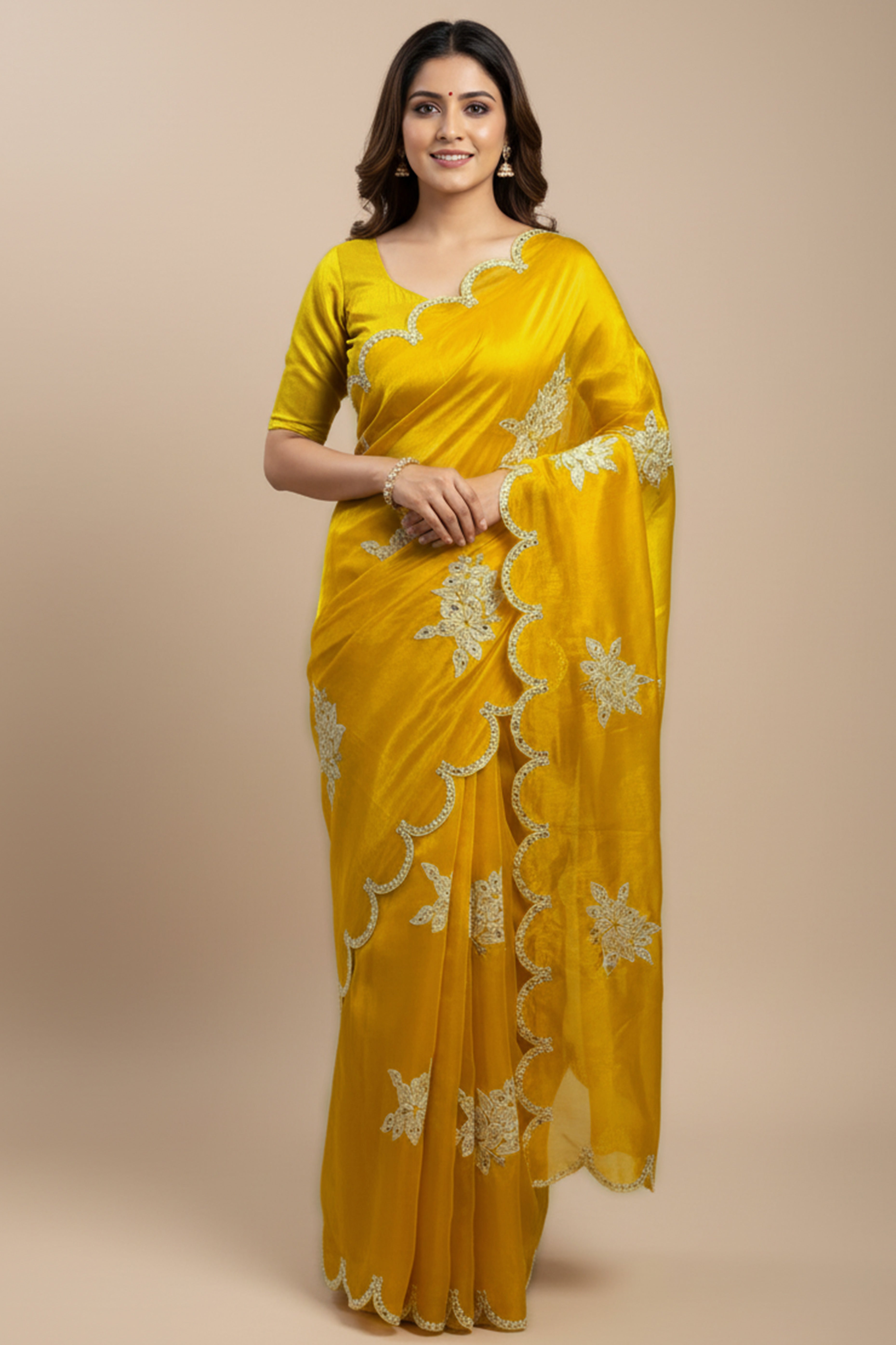Captivating Yellow Floral Thread Embroidered Jimmy Choo Satin Saree With Gleaming Sequins Work