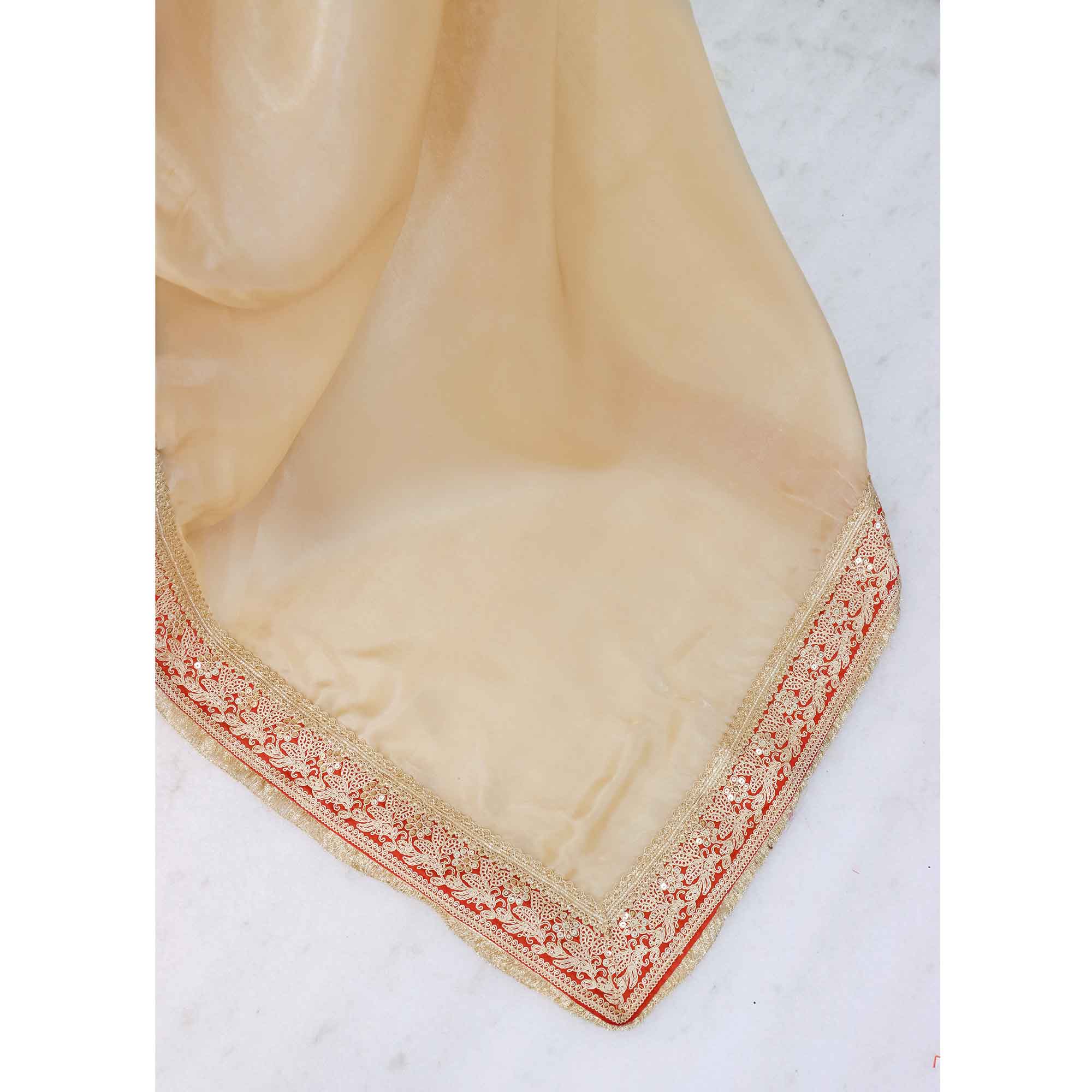 Cream Fancy Satin Solid Saree Accentuated With Elegant Lace Work