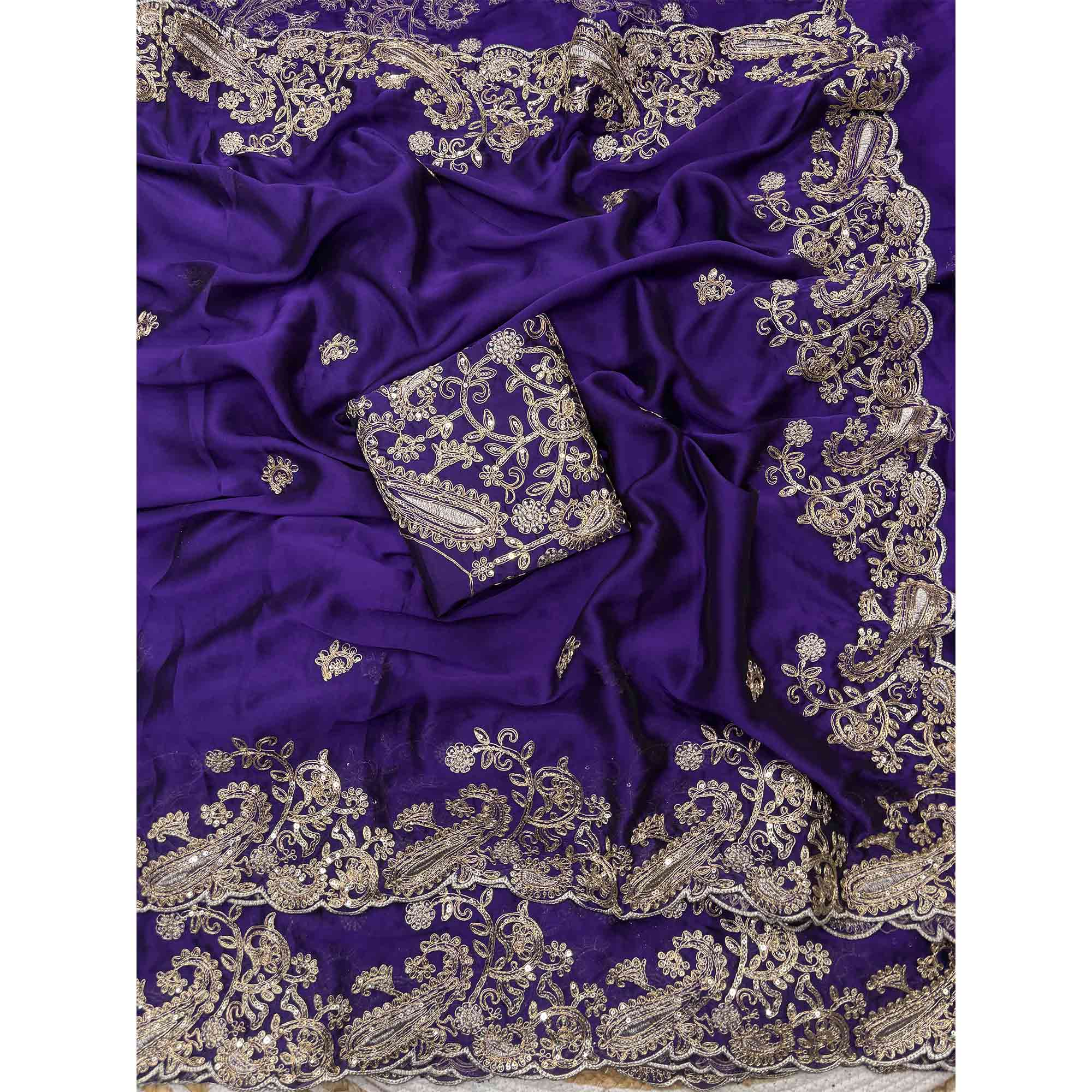 Violet Silk-Blend Saree Featuring Delicate Embroidery and Shimmering Sequins Work