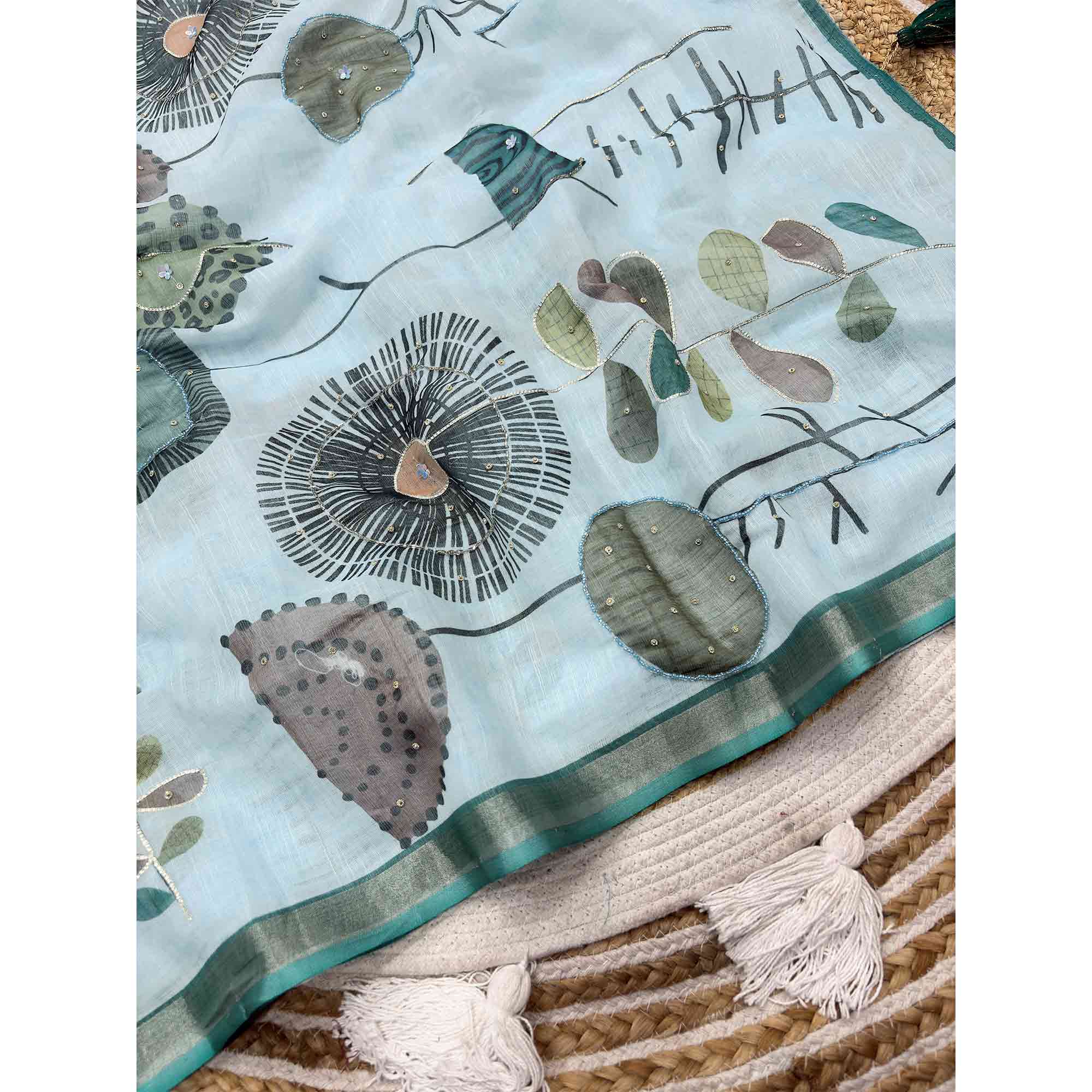 Sky Blue Pure Soft Linen Saree with Elegant Prints and Delicate Stone Work Embellishment