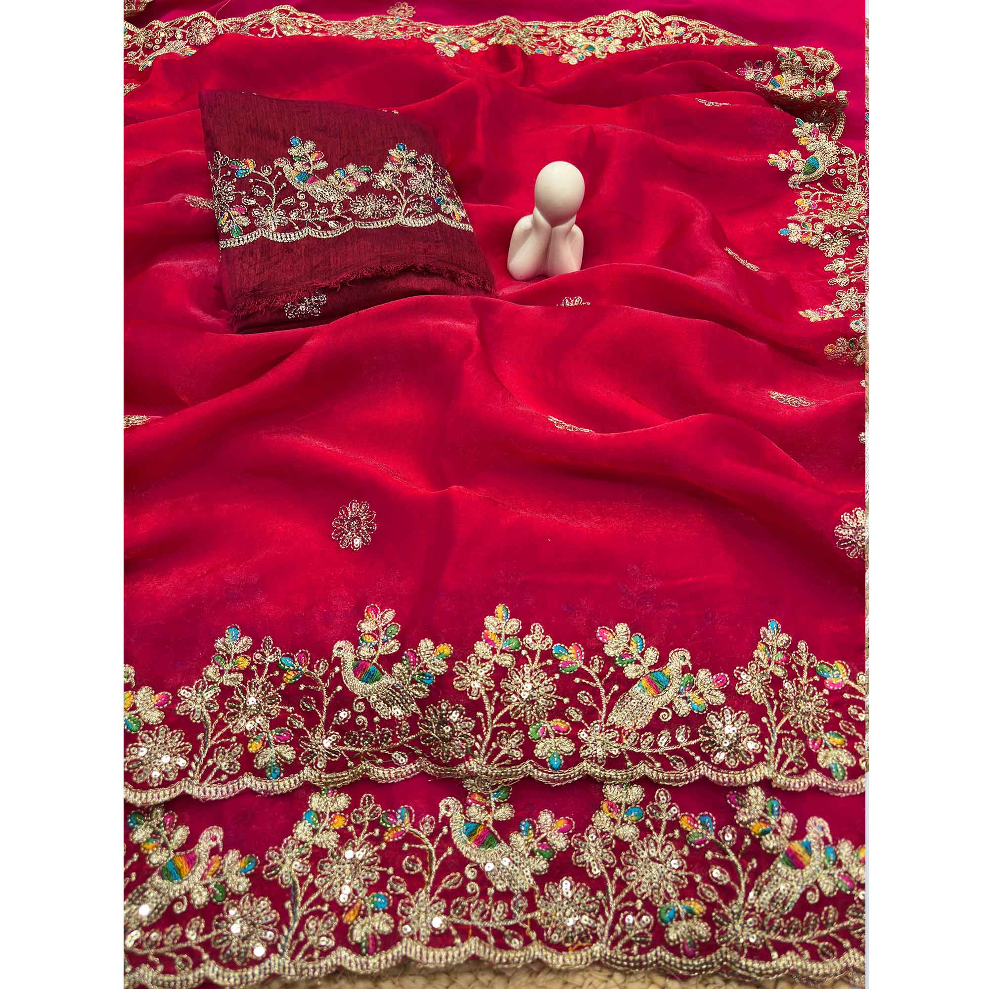 Pink Organza Satin Silk Saree Beautifully Detailed with Elegant Floral Embroidery