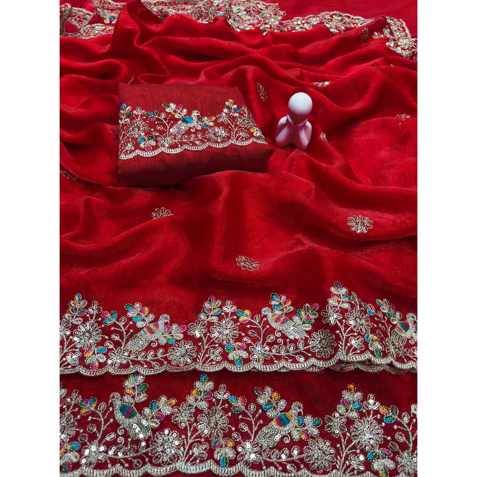 Red Organza Satin Silk Saree Beautifully Detailed with Elegant Floral Embroidery