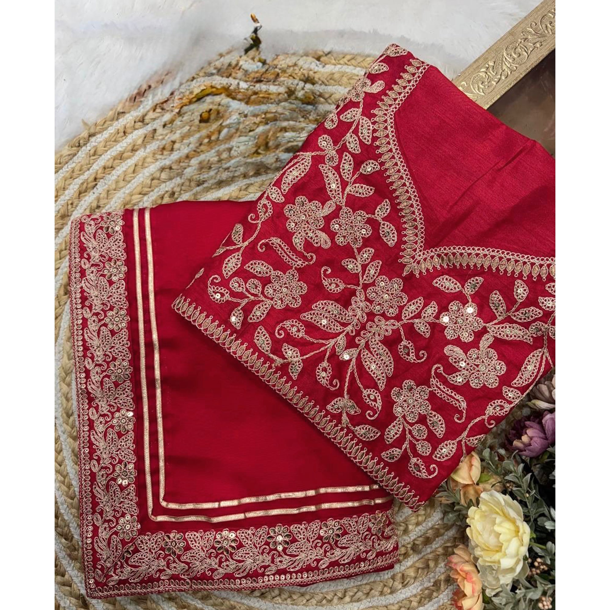 Red Partywear Silk Blend Saree Featuring Rich Silver Thread and Sequins Work