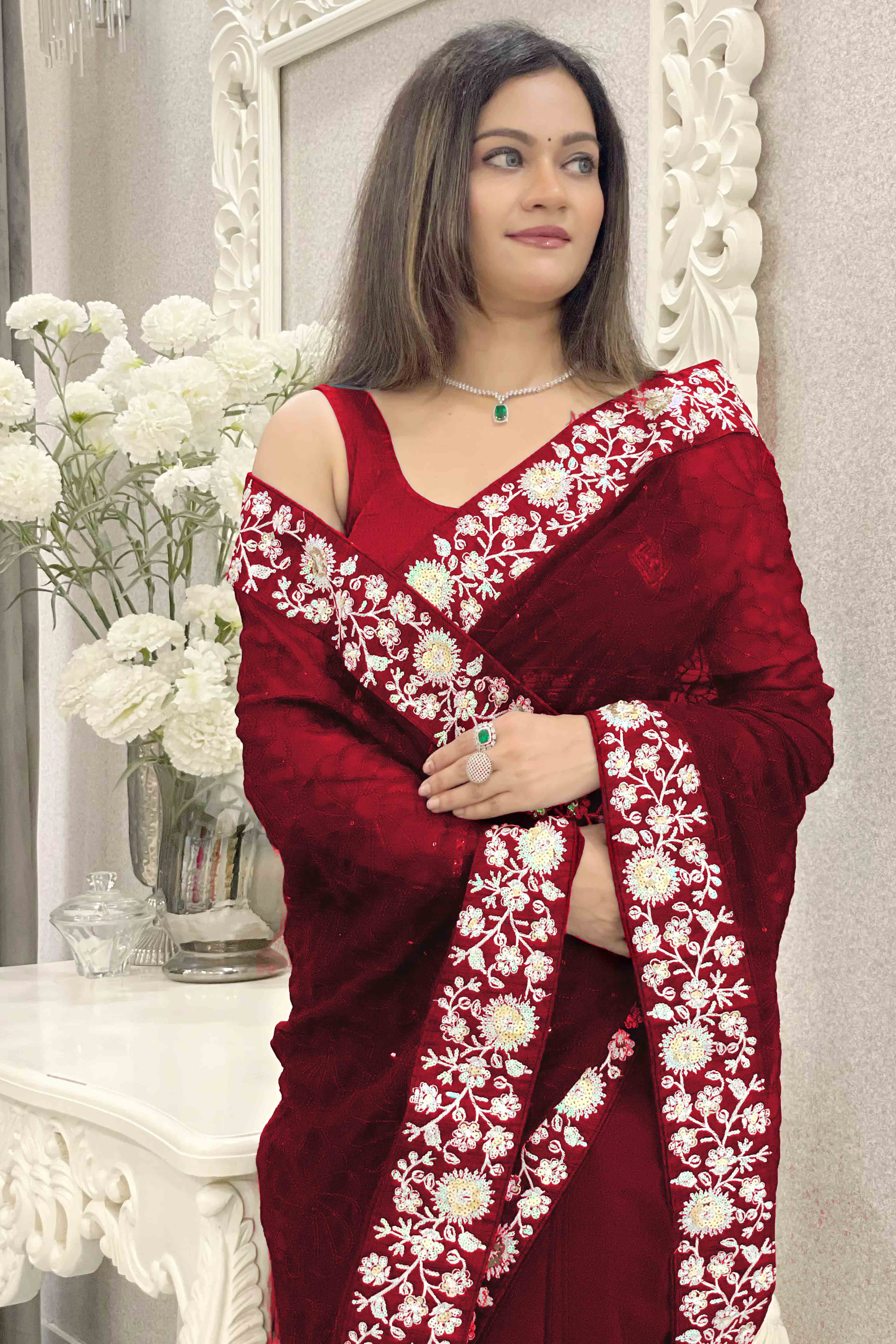 Red Designer Saree In Georgette With Delicate Floral Sequins Embroidery Work