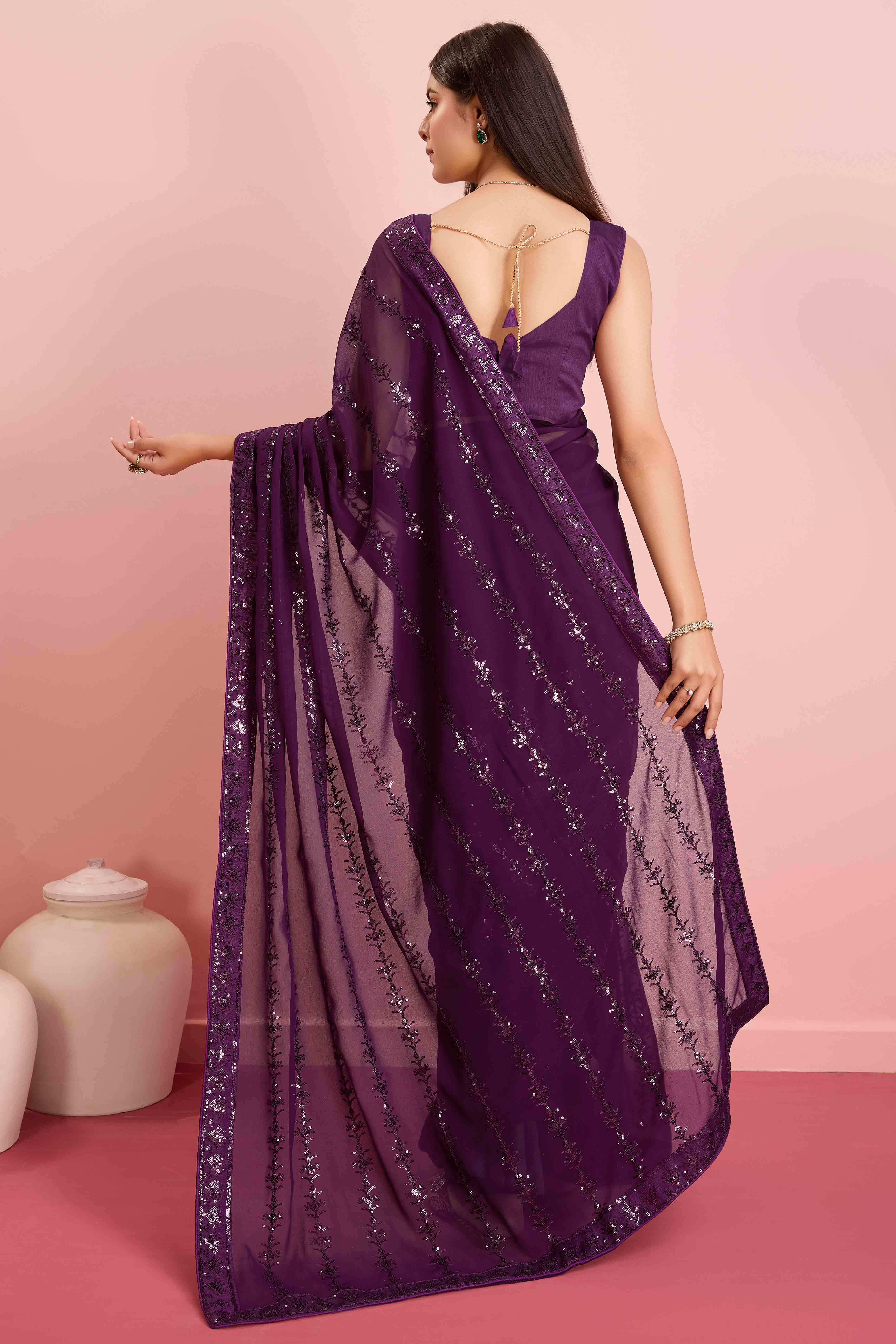 Wine Floral Sequins Embroidered Georgette Saree
