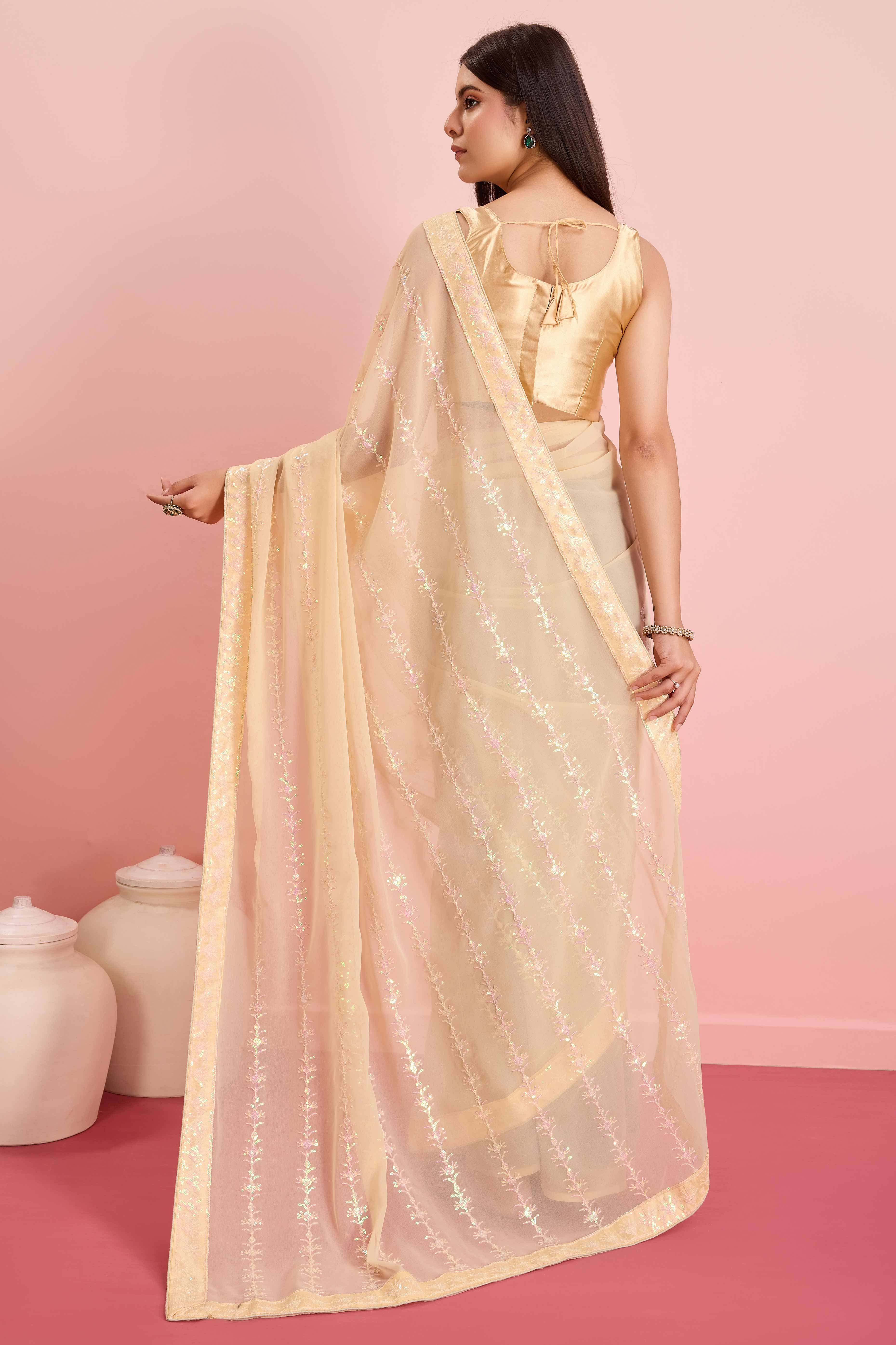 Cream Floral Sequins Embroidered Georgette Saree