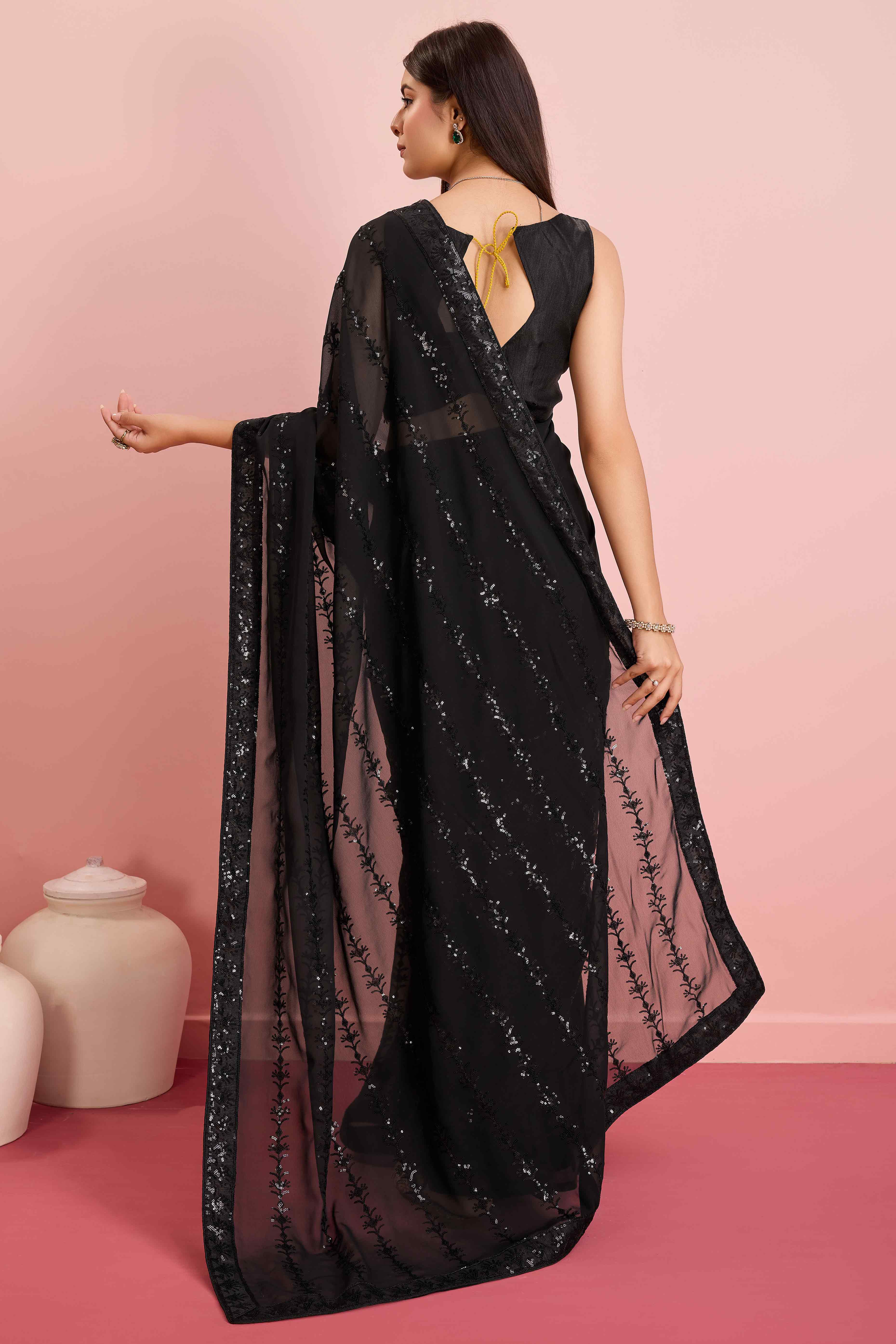 Black Floral Sequins Embroidered Georgette Saree