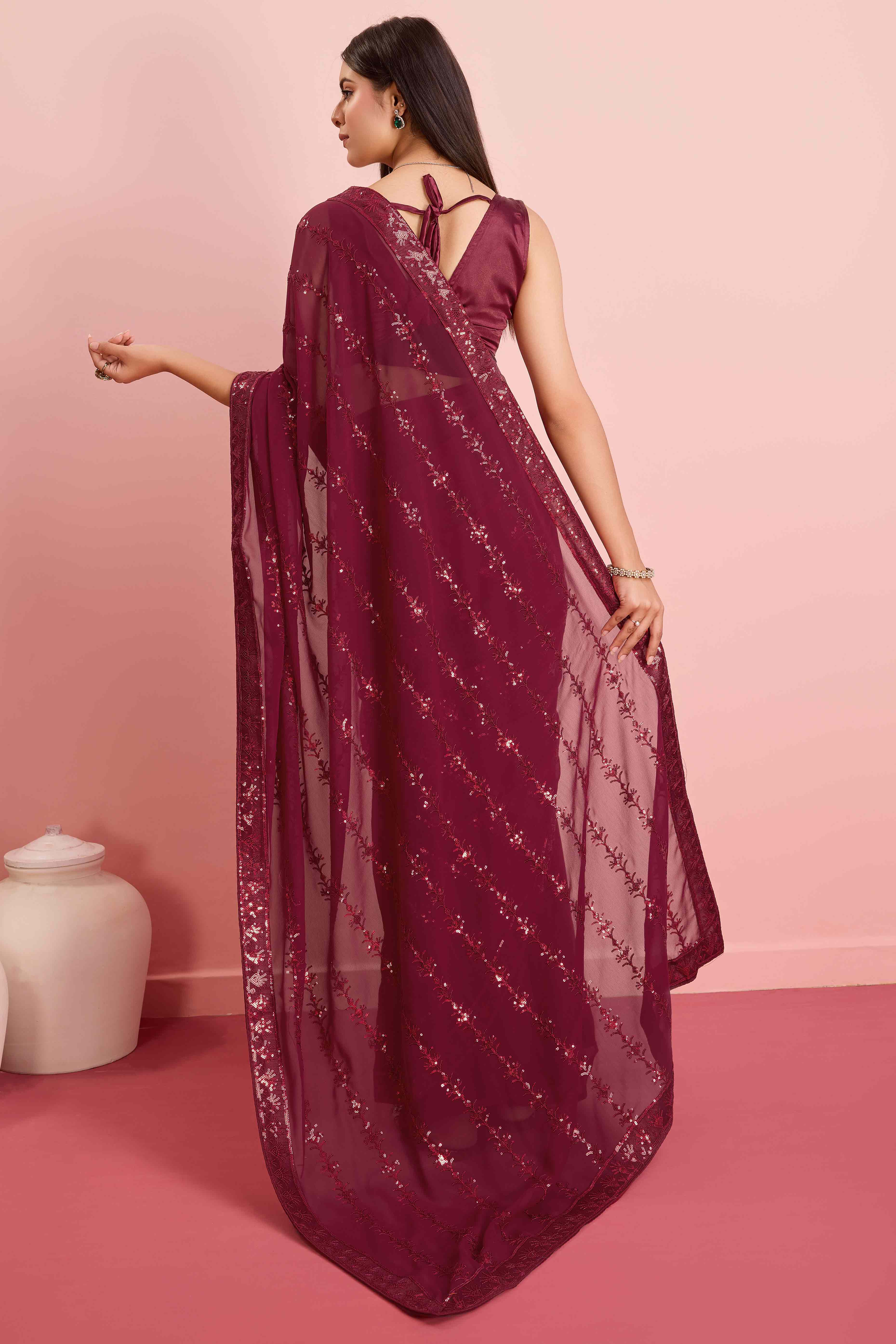 Maroon Floral Sequins Embroidered Georgette Saree