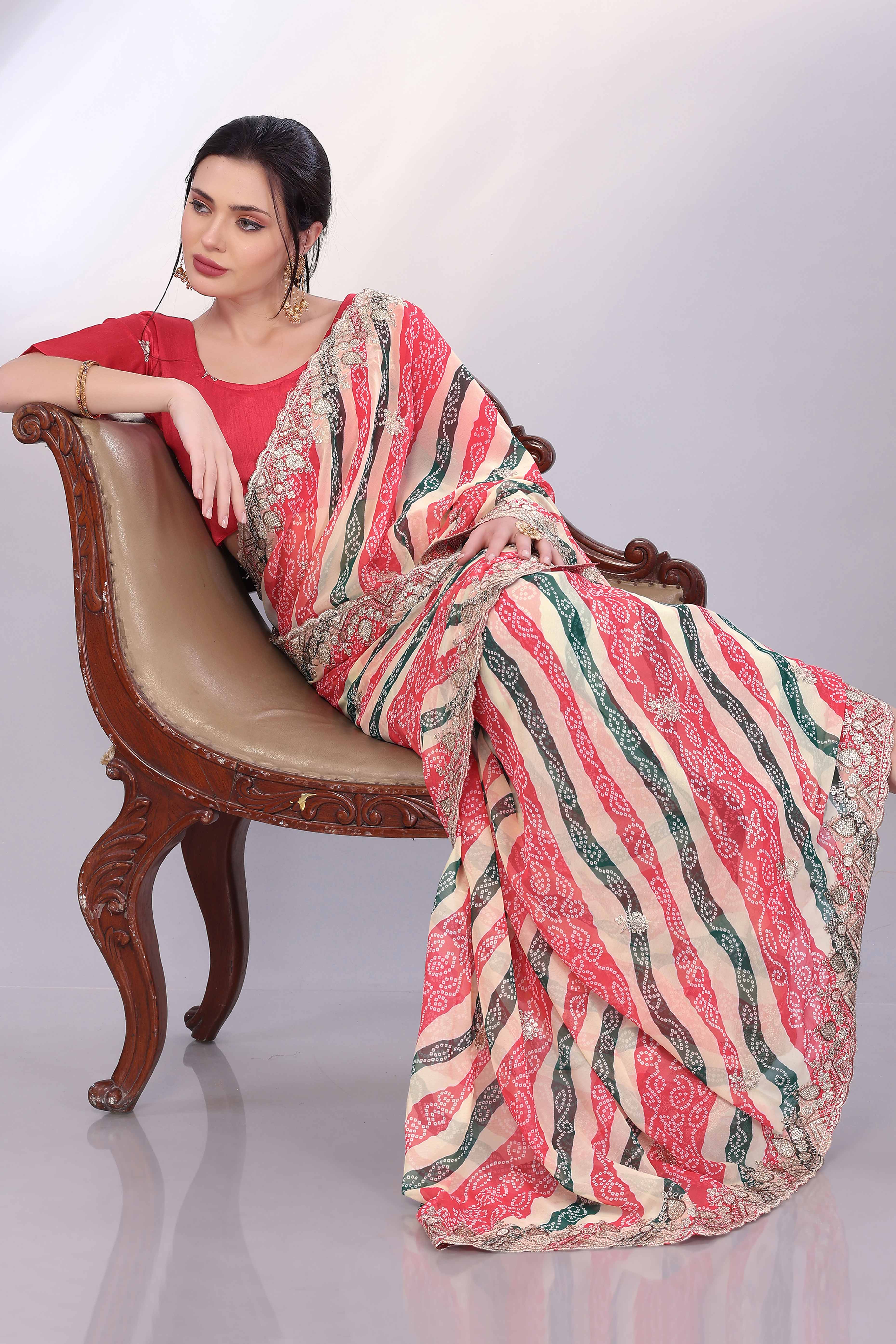9Multicolor Georgette Saree Showcasing Bandhani Print & Delicate Floral Sequins Embroidery