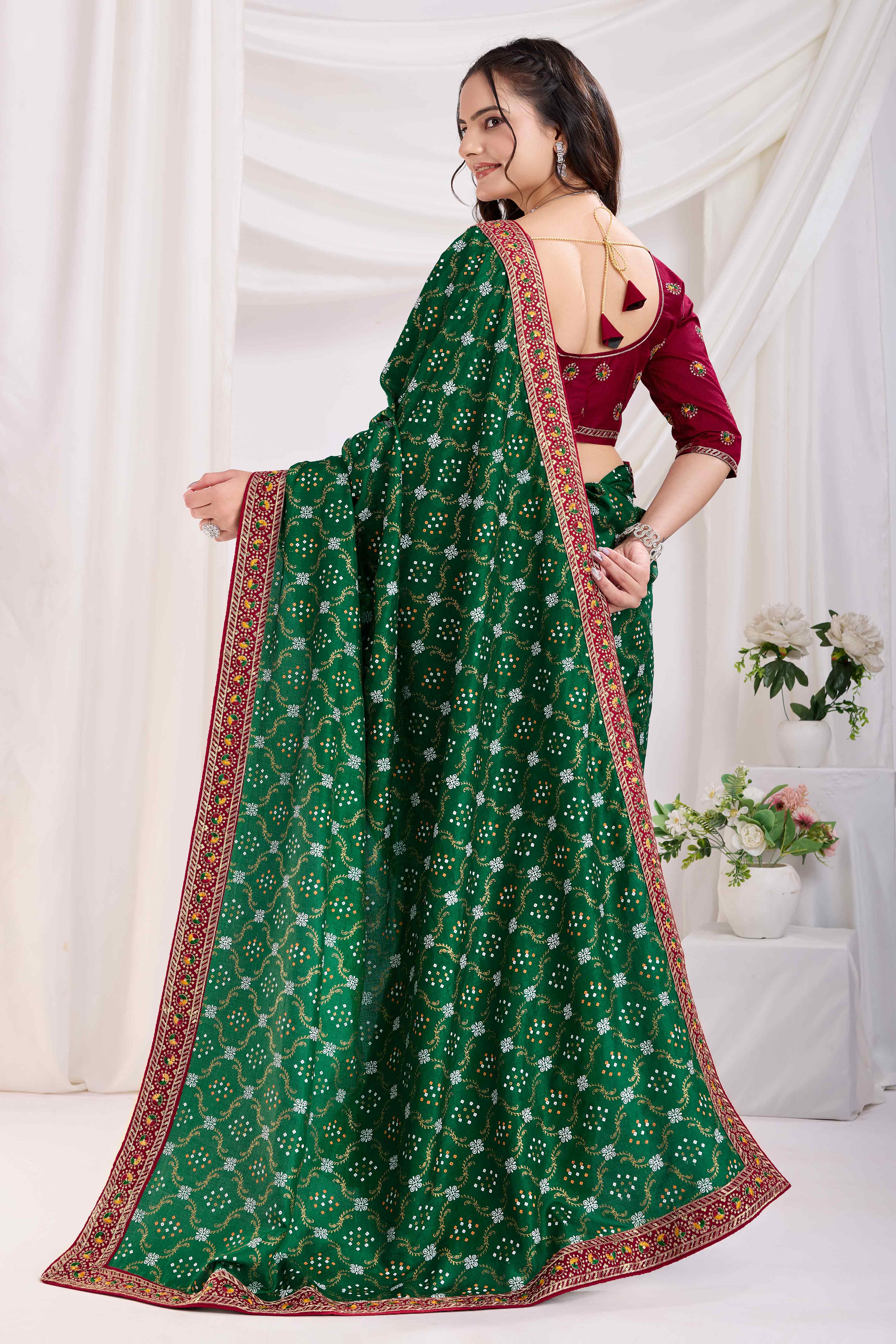 Bottle Green Bandhani Printed Vichitra Silk Saree With Embroidery Border