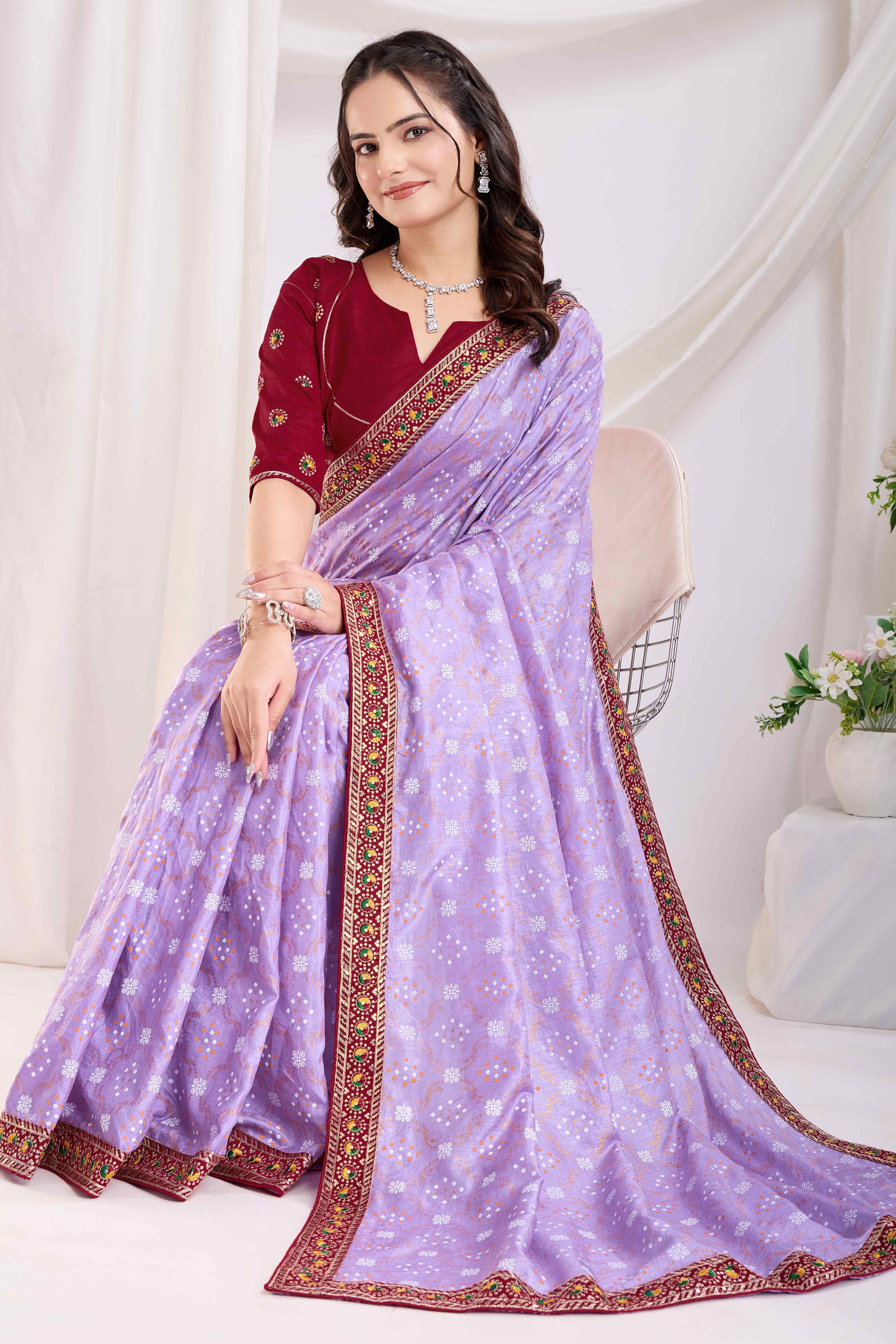 Lavender Bandhani Printed Vichitra Silk Saree With Embroidery Border
