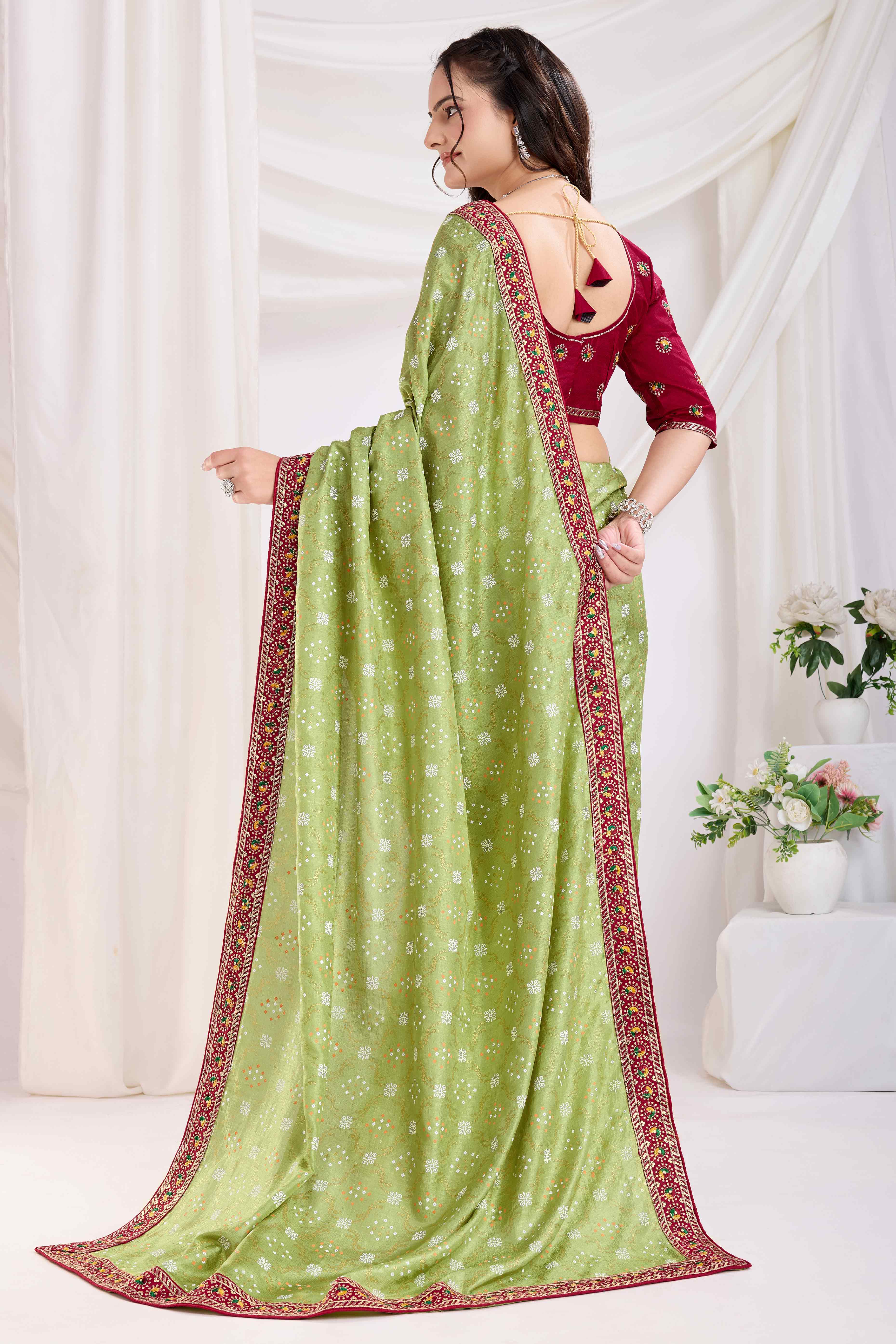 Green Bandhani Printed Vichitra Silk Saree With Embroidery Border