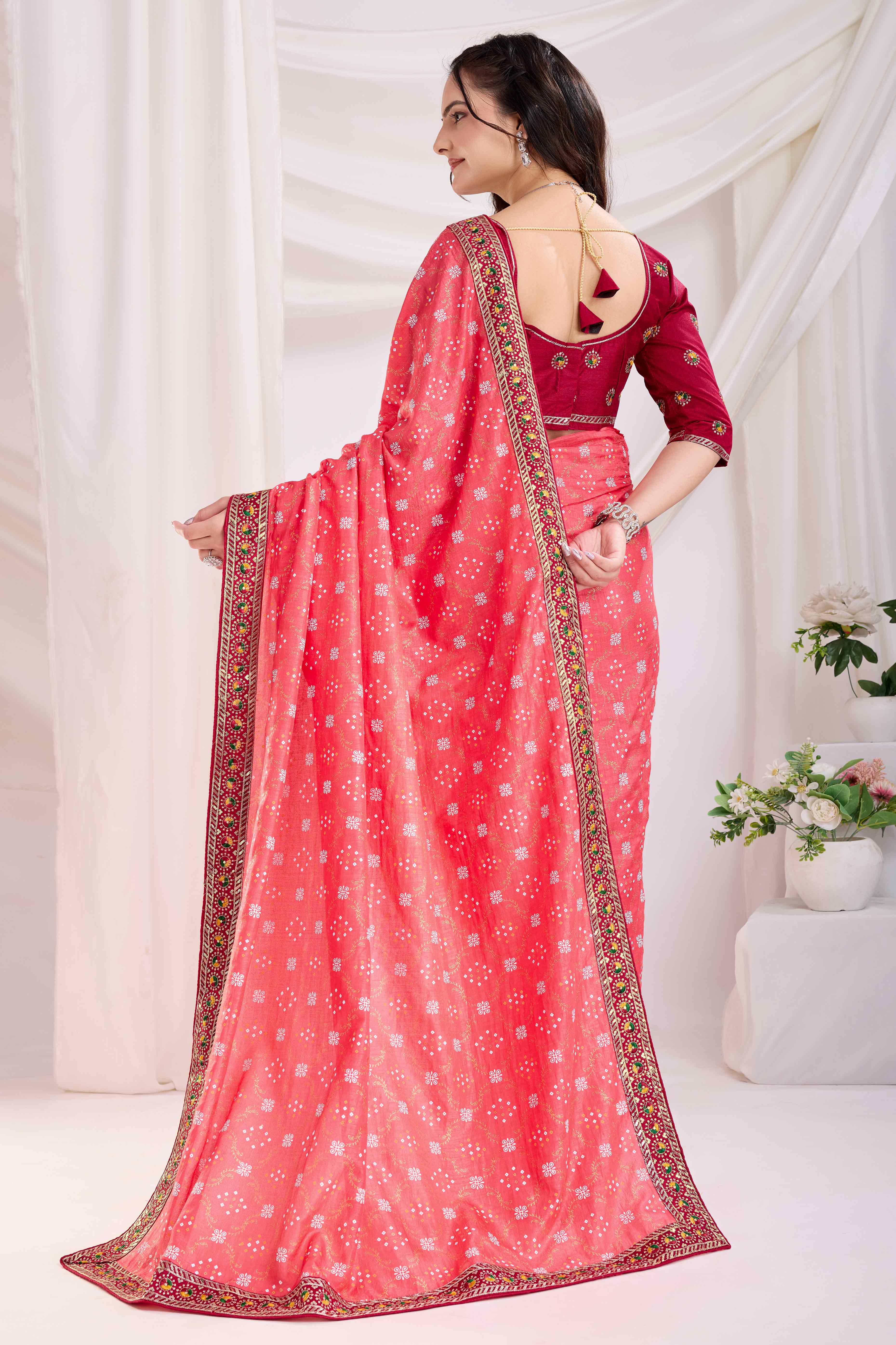 Gajari Pink Bandhani Printed Vichitra Silk Saree With Embroidery Border