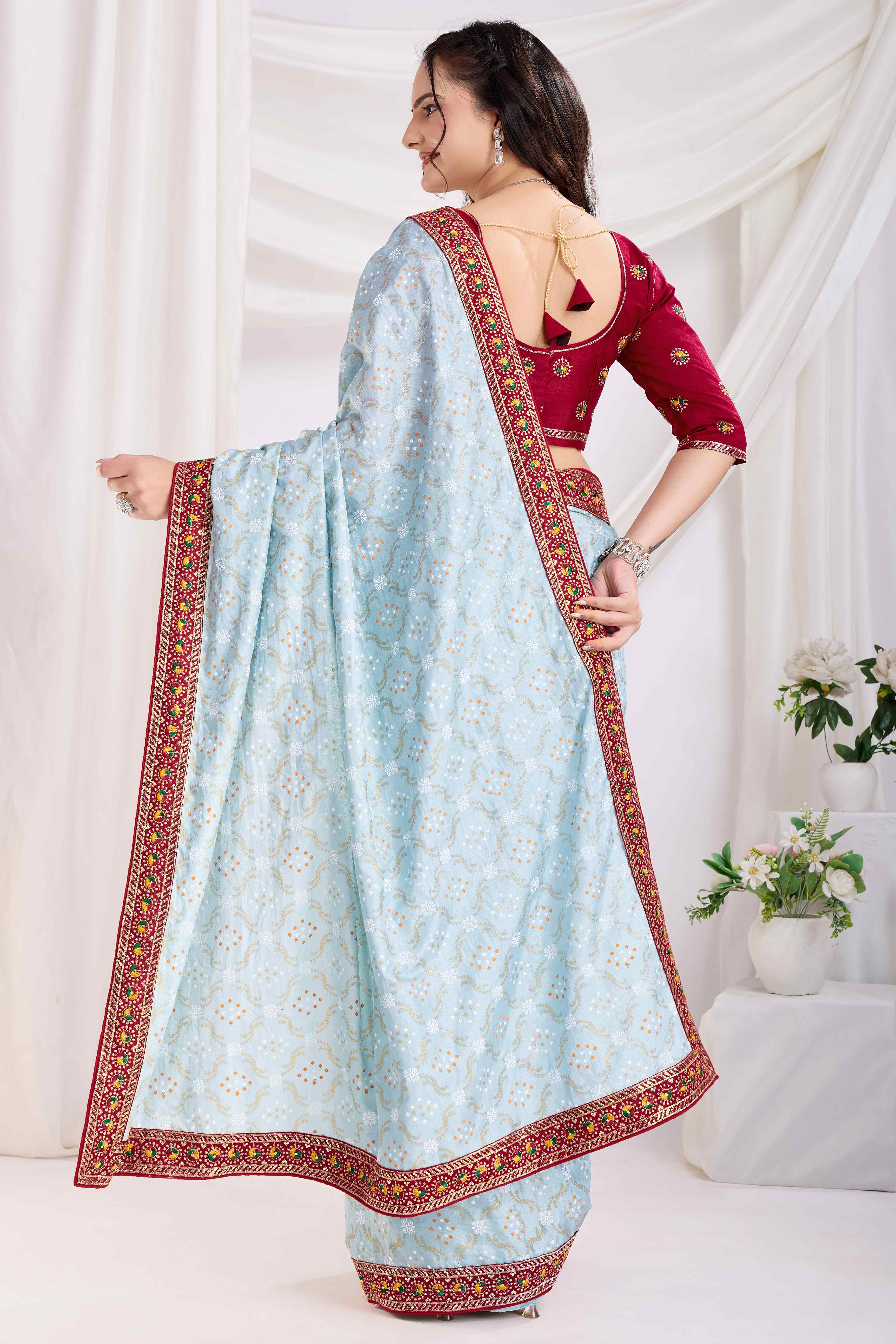 Light Blue Bandhani Printed Vichitra Silk Saree With Embroidery Border