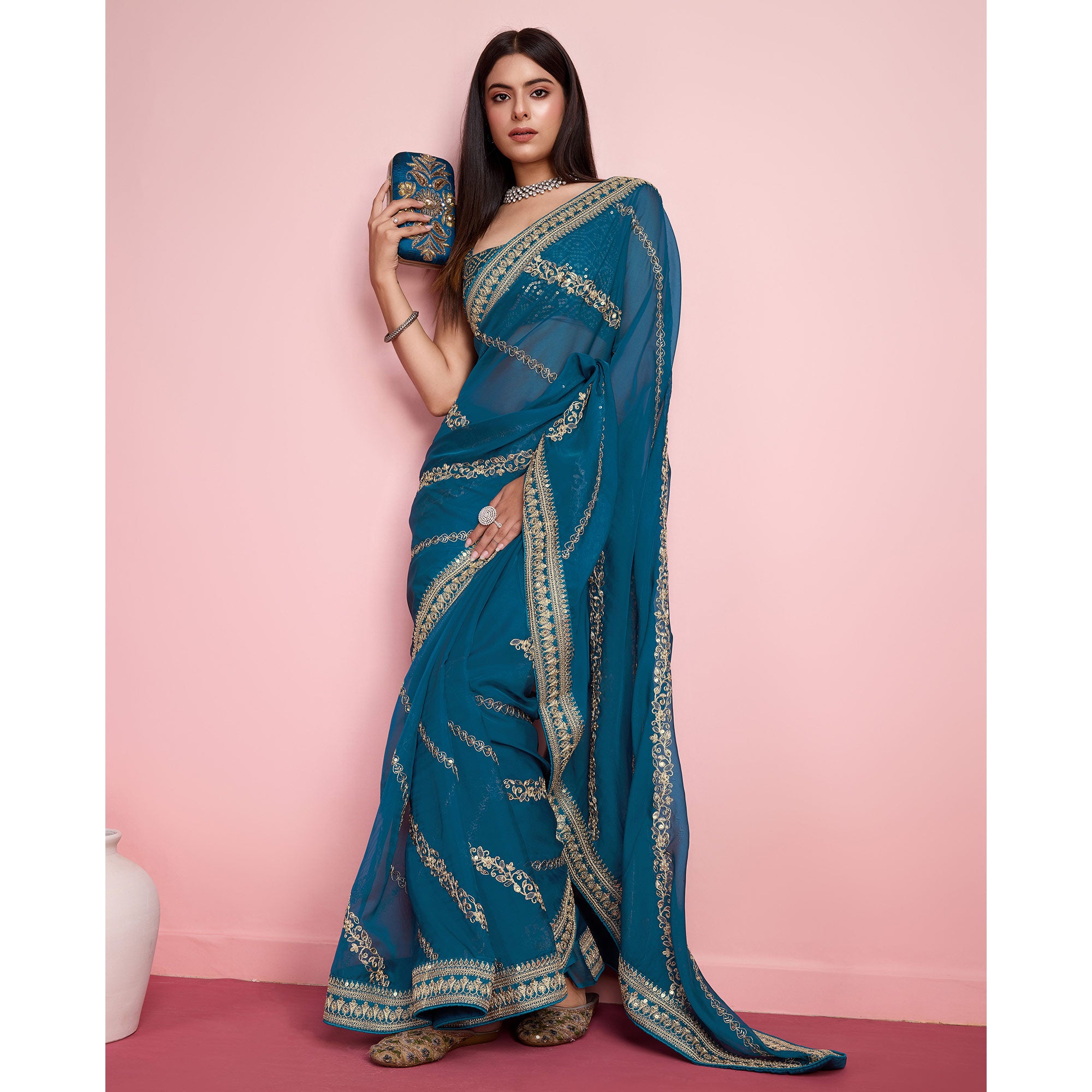 Blue Floral Sequins Embroidered Organza Saree