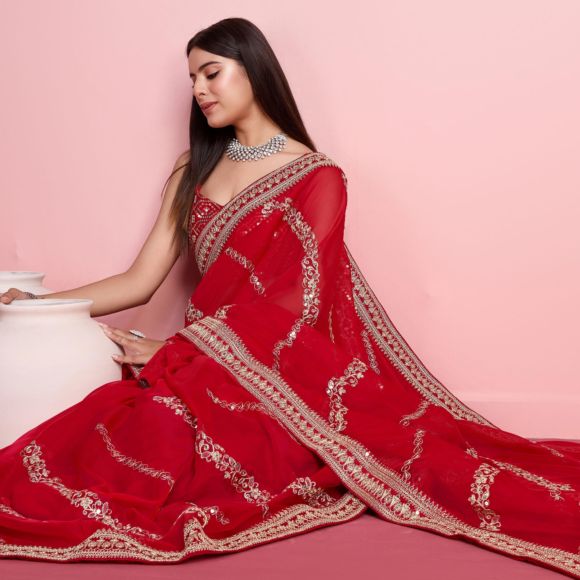 Red Floral Sequins Embroidered Organza Saree