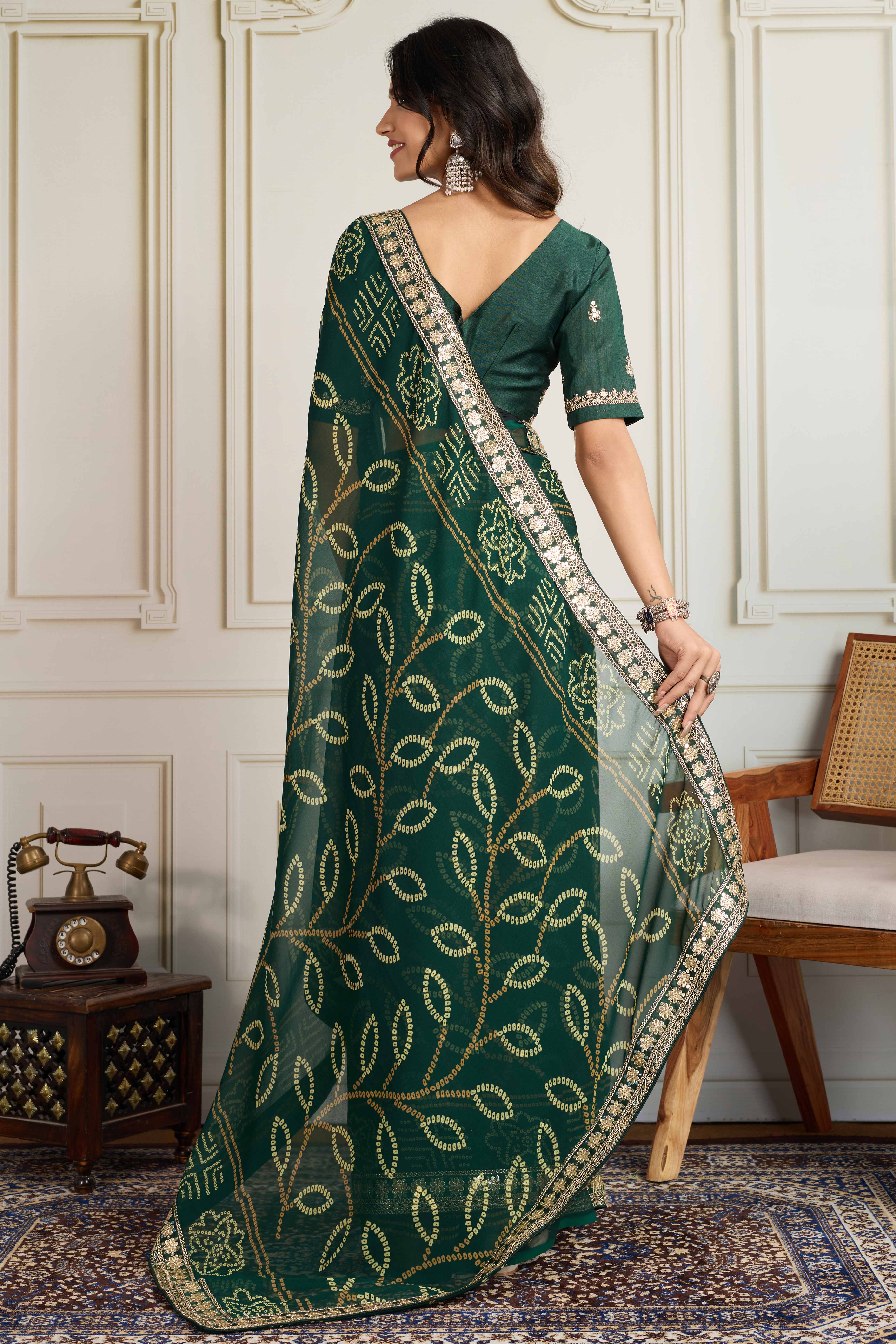 Dark Green Bandhani Digital Printed Georgette Saree Enhanced With Cording Embroidered Border