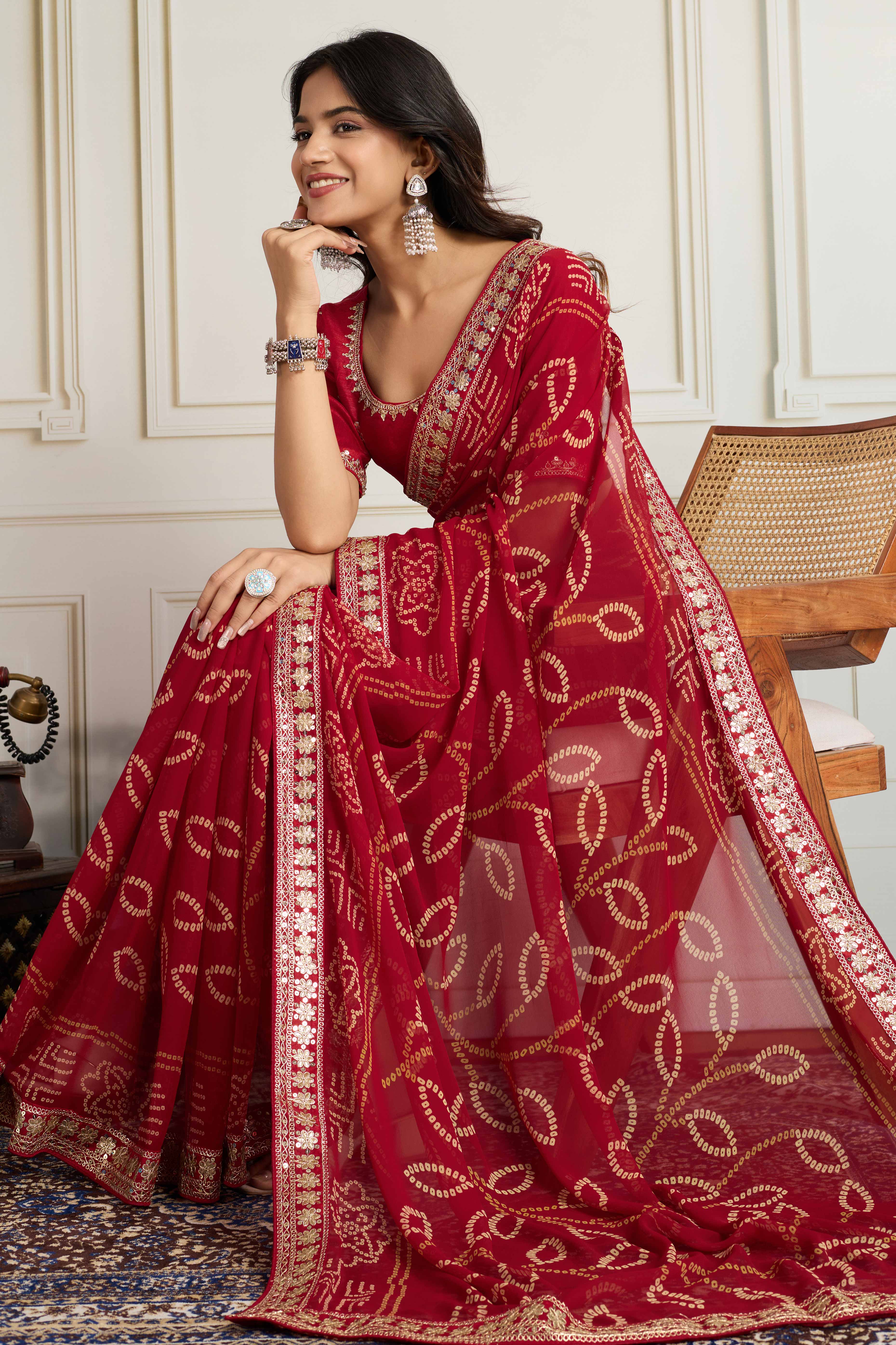 Red Bandhani Digital Printed Georgette Saree Enhanced With Cording Embroidered Border