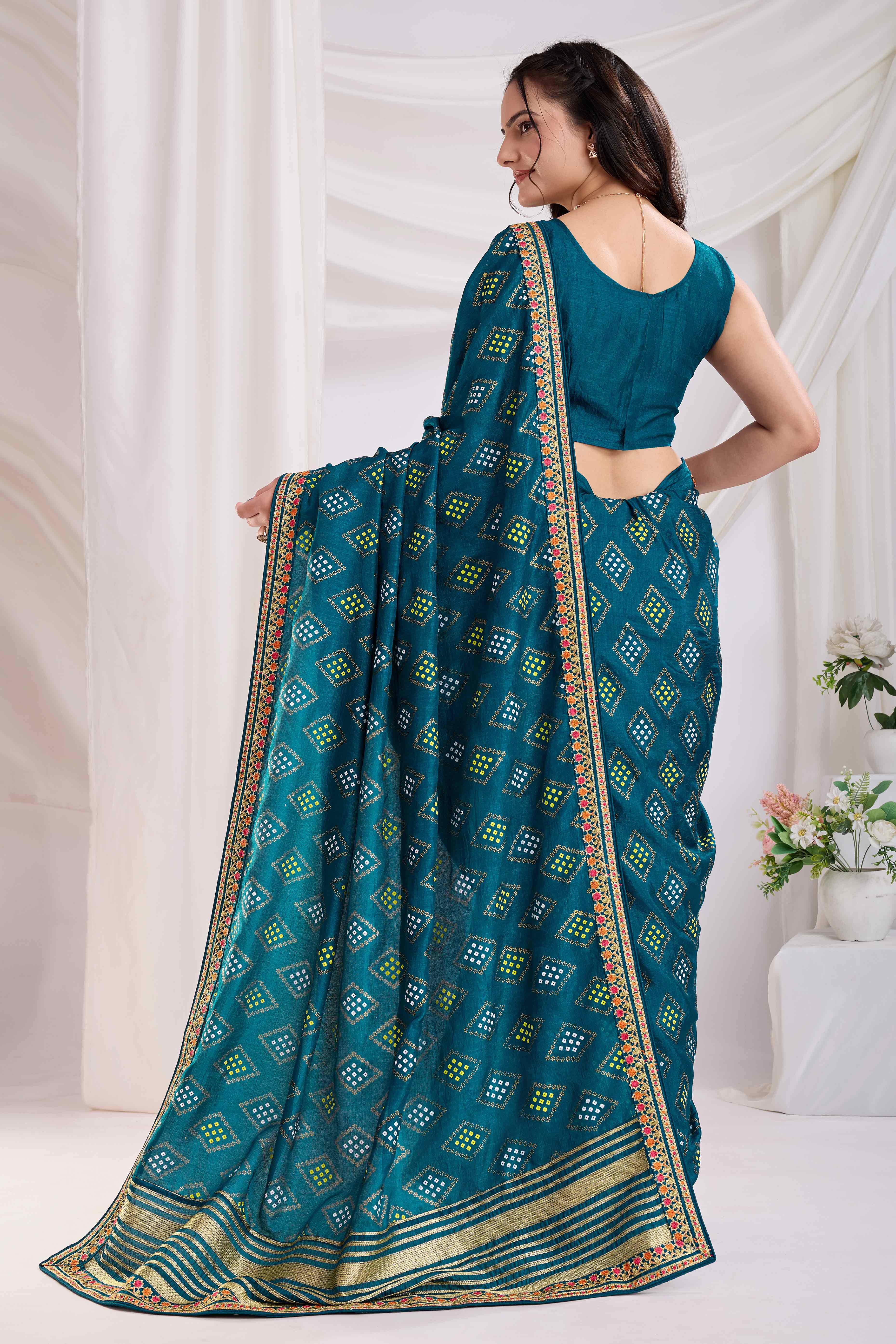 Teal Bandhani Printed Vichitra Silk Saree With Embroidery Border
