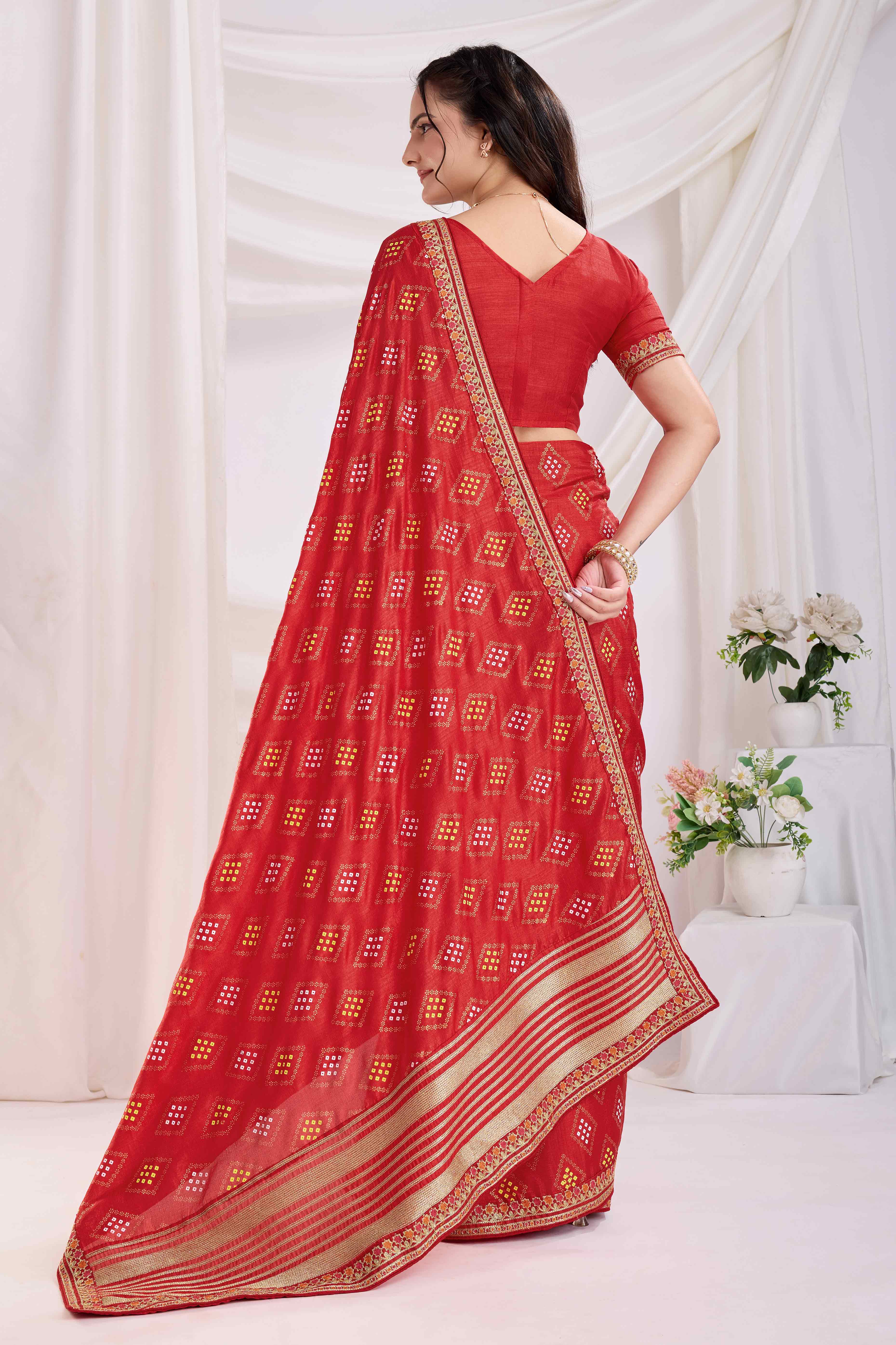 Red Bandhani Printed Vichitra Silk Saree With Embroidery Border