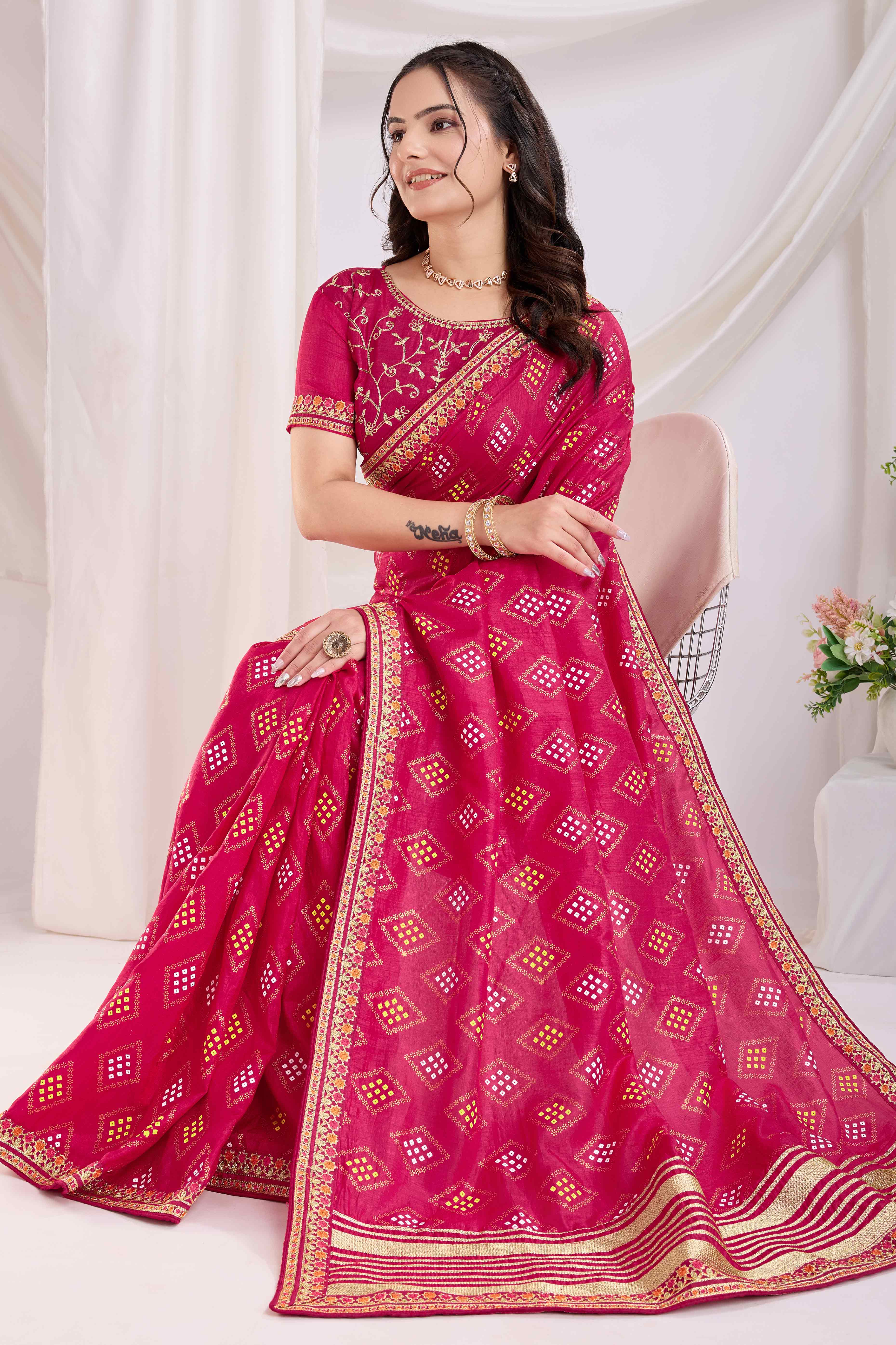 22Pink Bandhani Printed Vichitra Silk Saree With Embroidery Border