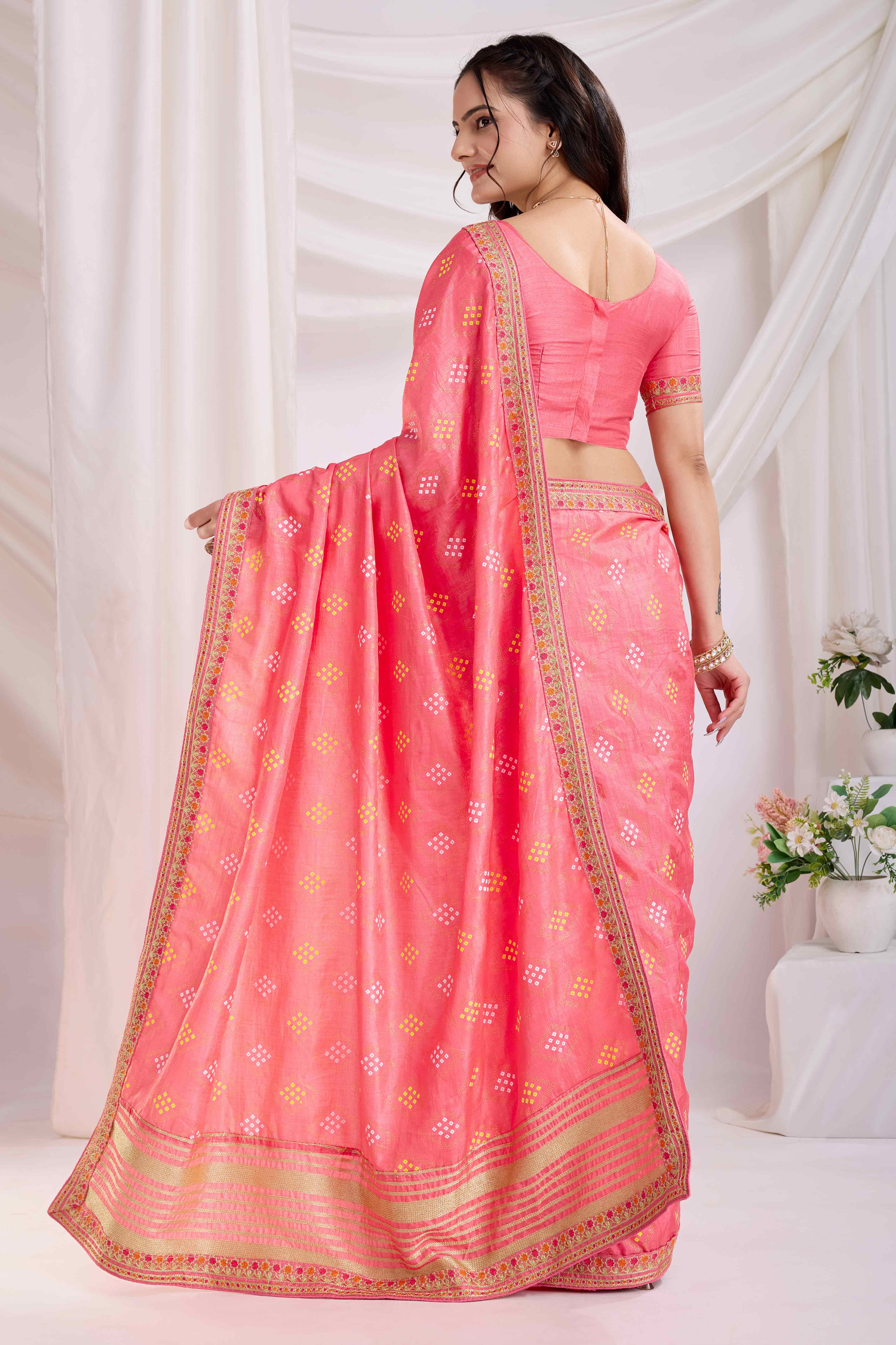 Peach Bandhani Printed Vichitra Silk Saree With Embroidery Border