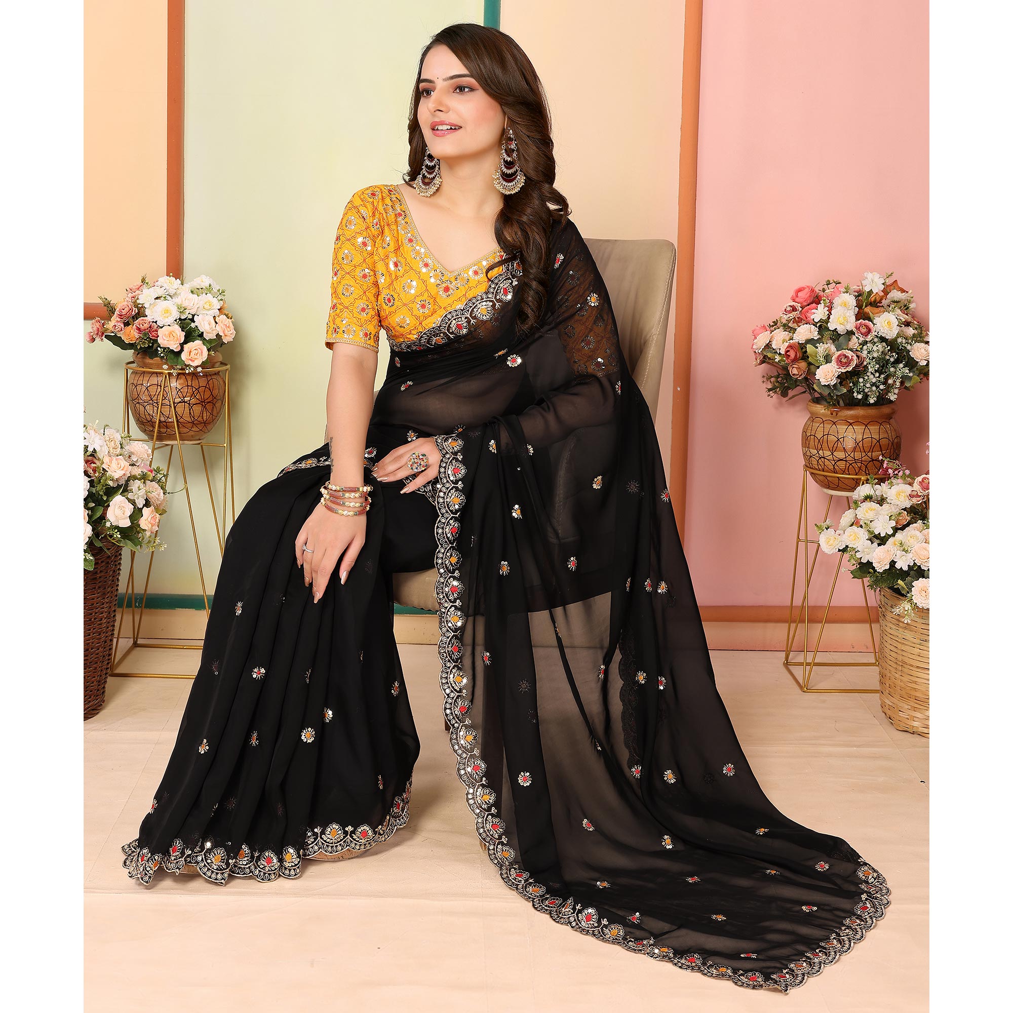 Black Sequins Embroidered Embroidered Organza Saree